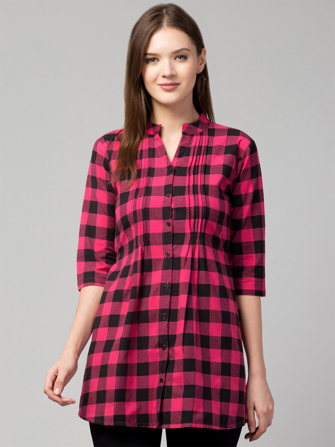 Hive91 Pink & Black Mandarin Collar Checked Tunic