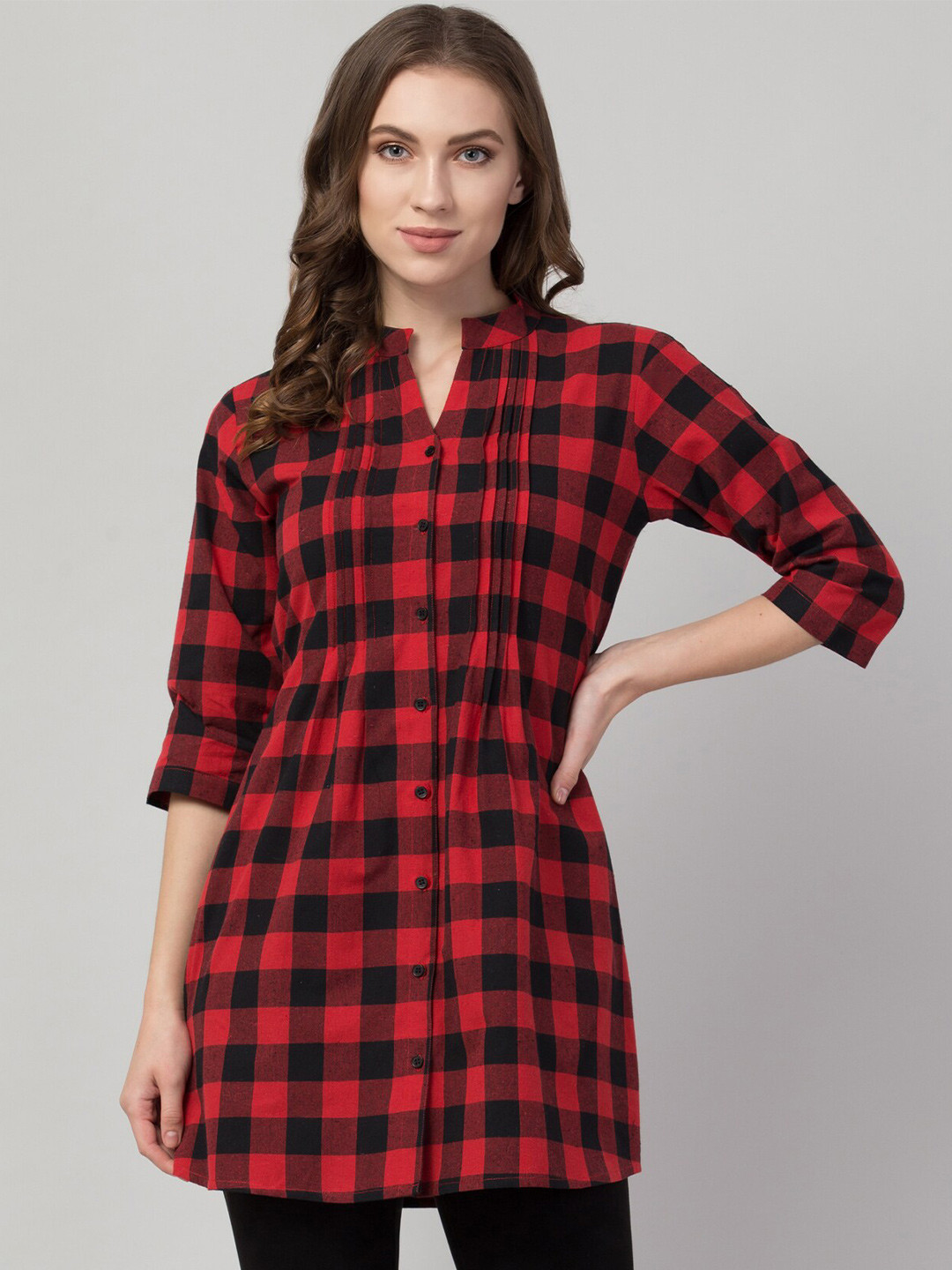 Hive91 Red & Black Mandarin Collar Pure Cotton Checked Tunic