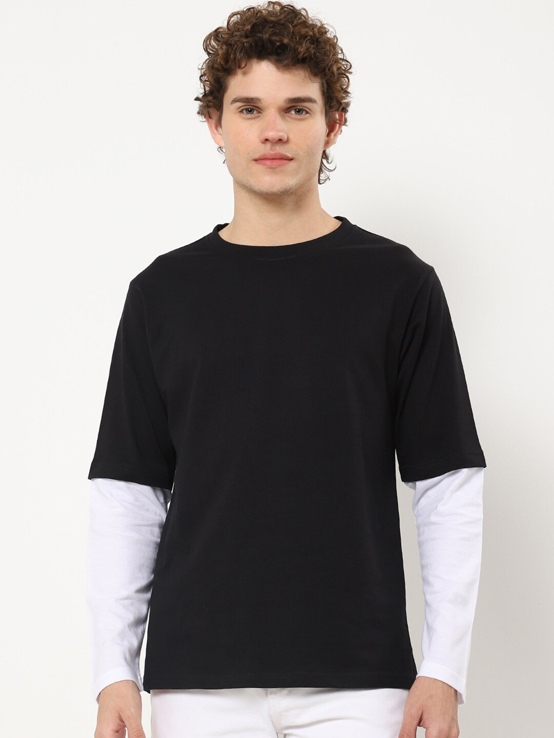 Bewakoof Men Black Layered Sleeves Oversized T-shirt - Image 1
