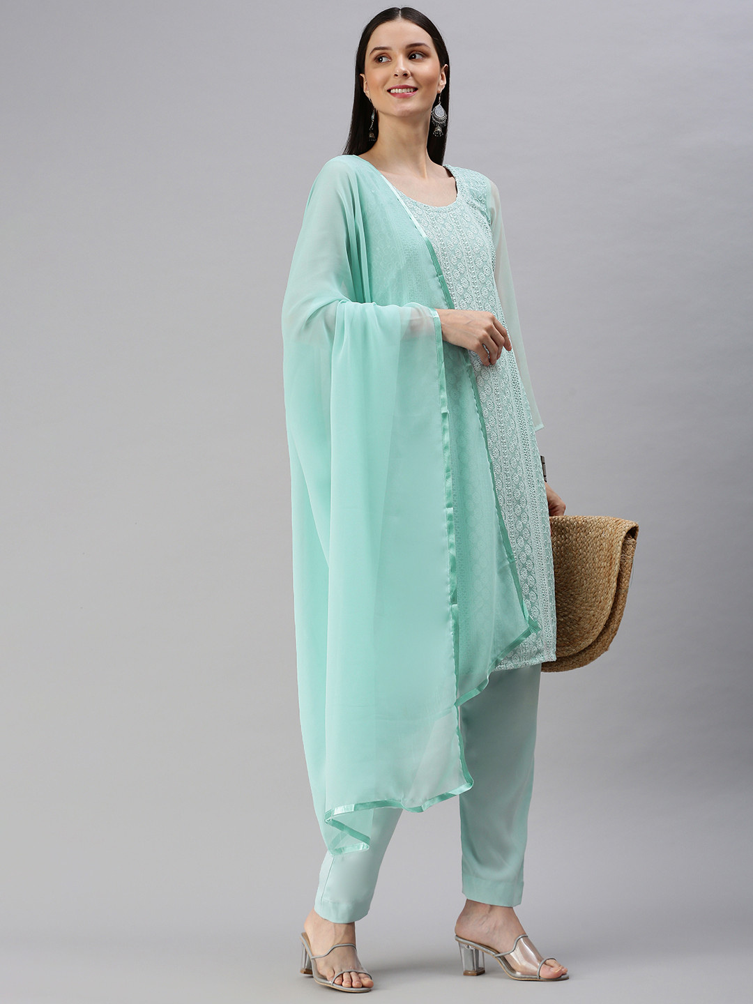 KALINI Turquoise Blue Embroidered Unstitched Dress Material