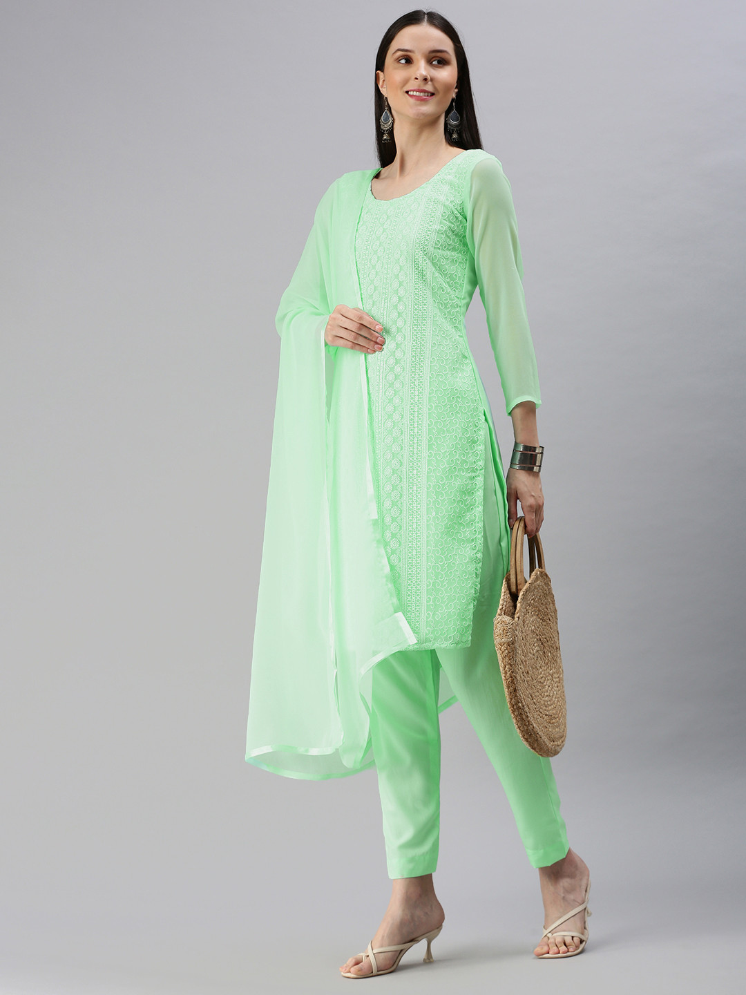 KALINI Sea Green Embroidered Unstitched Dress Material