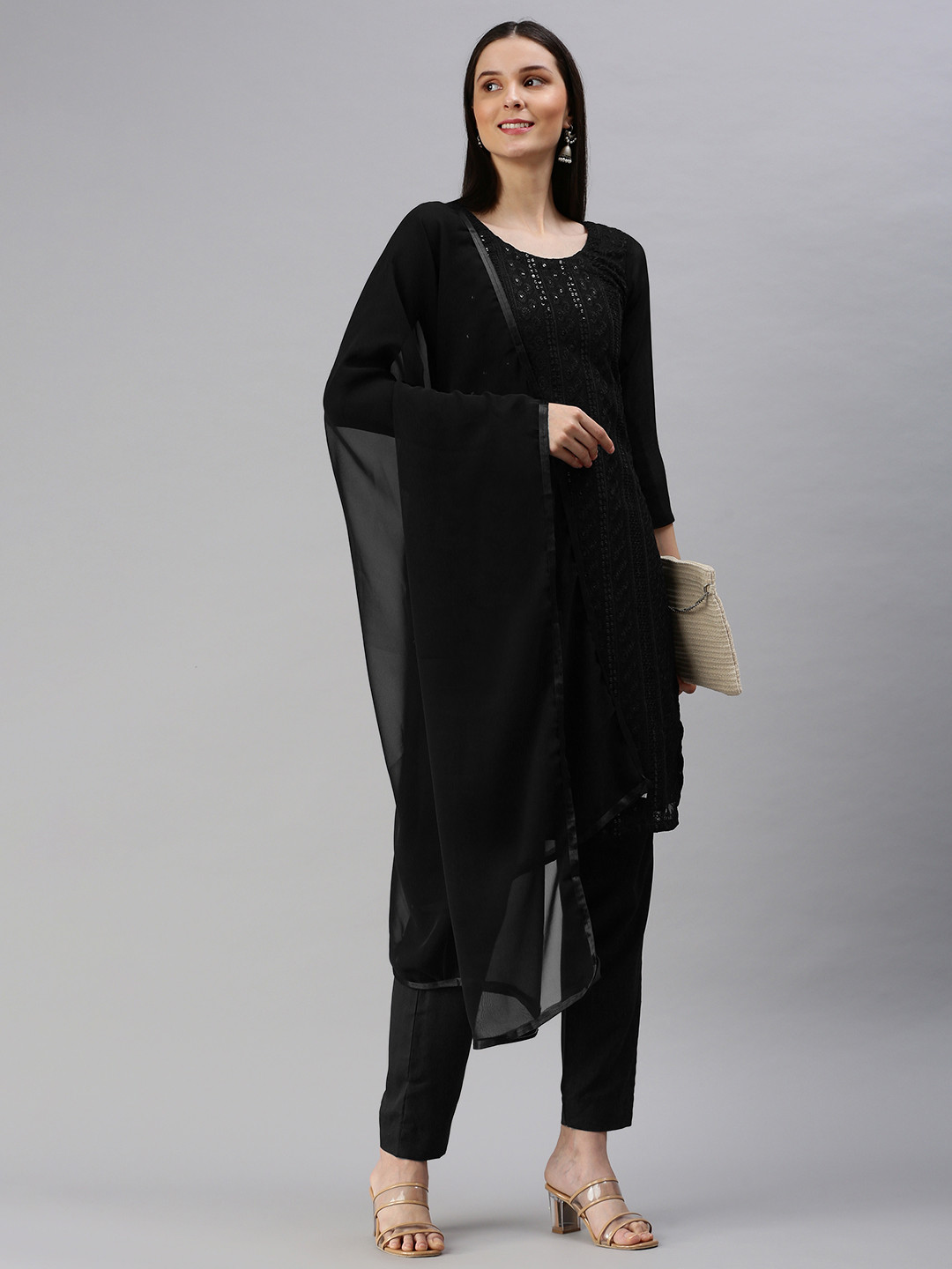 KALINI Black Embroidered Unstitched Dress Material