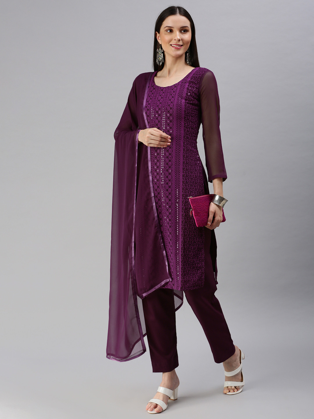 KALINI Purple Embroidered Unstitched Dress Material
