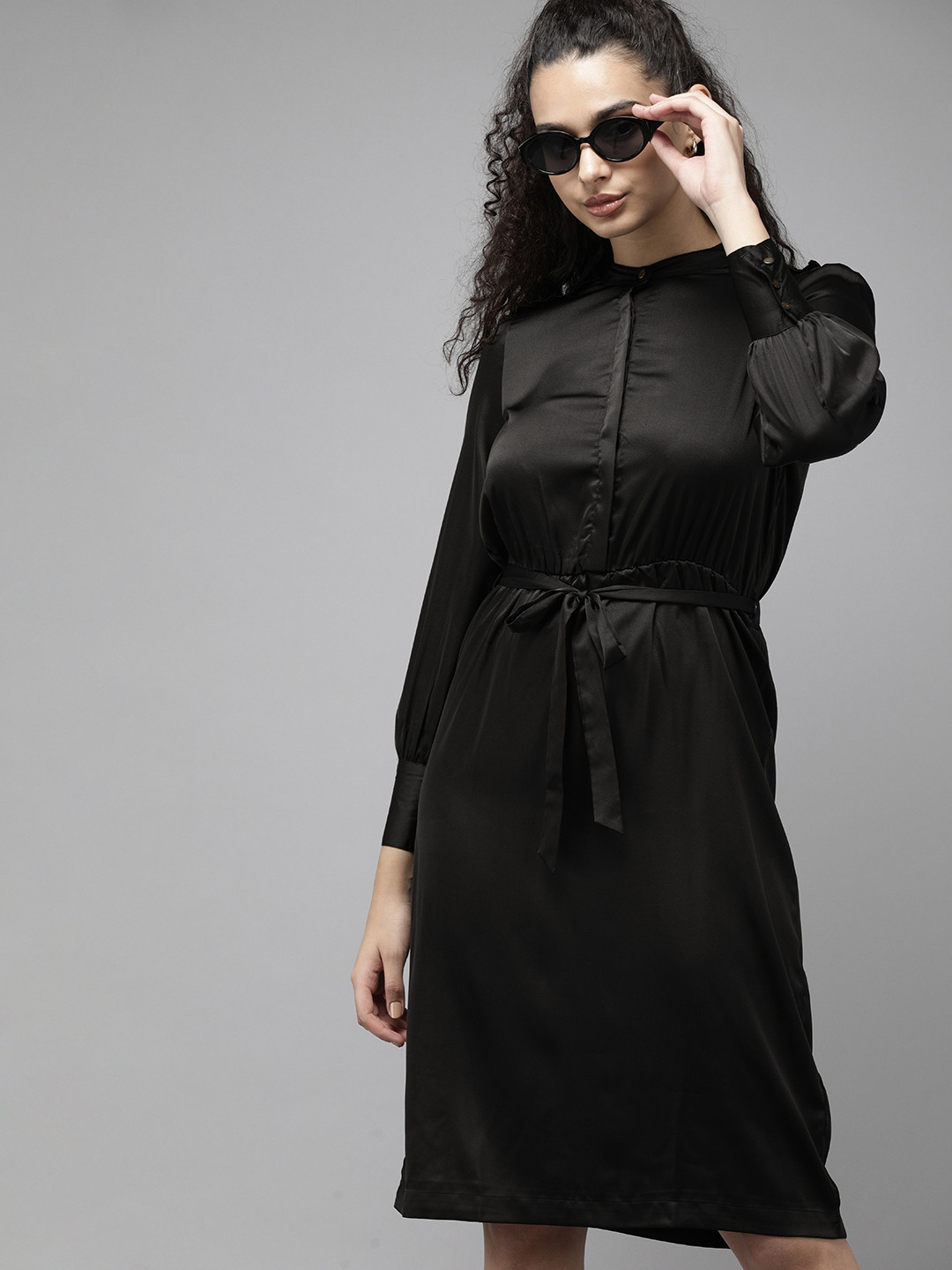 Roadster Black Satin Shirt Dress