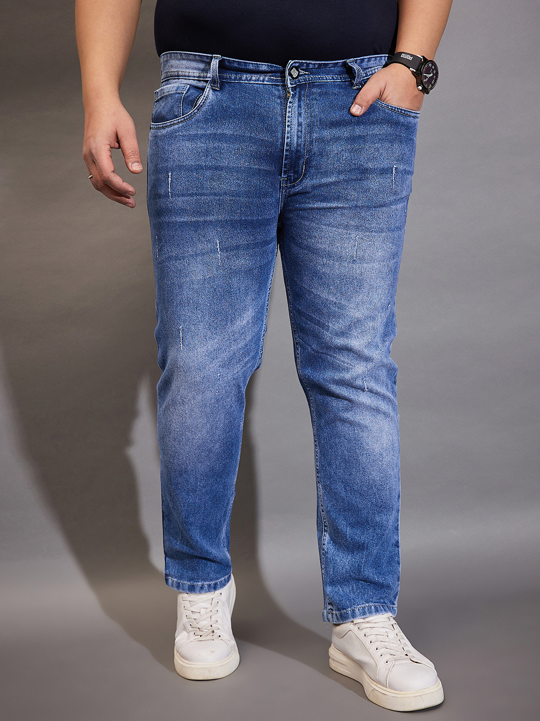 bigbanana Men Washed Plus Size Blue Comfort Heavy Fade Stretchable Denim Jeans
