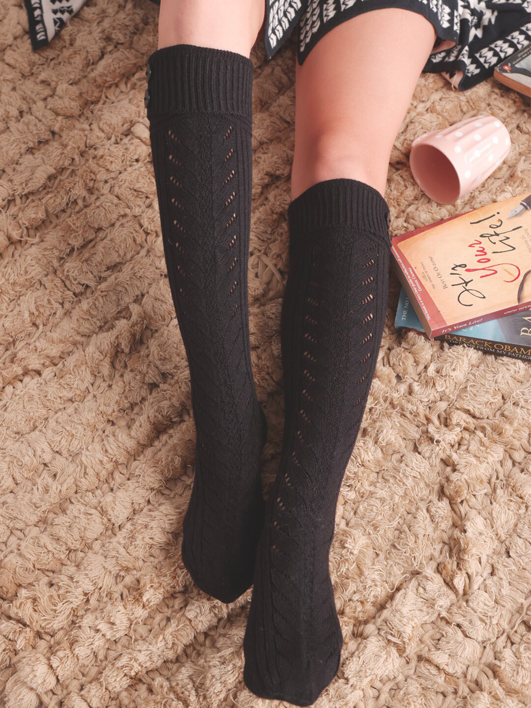 Bharatasya Women Black Thigh Length Woolen Socks