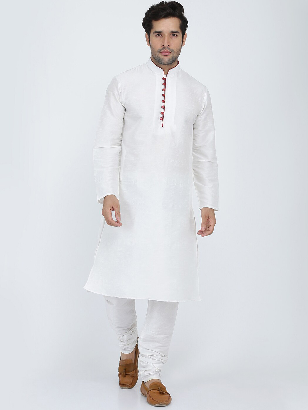 ROYAL KURTA Men White Embroidered Empire Dupion Silk Kurta with Pyjamas