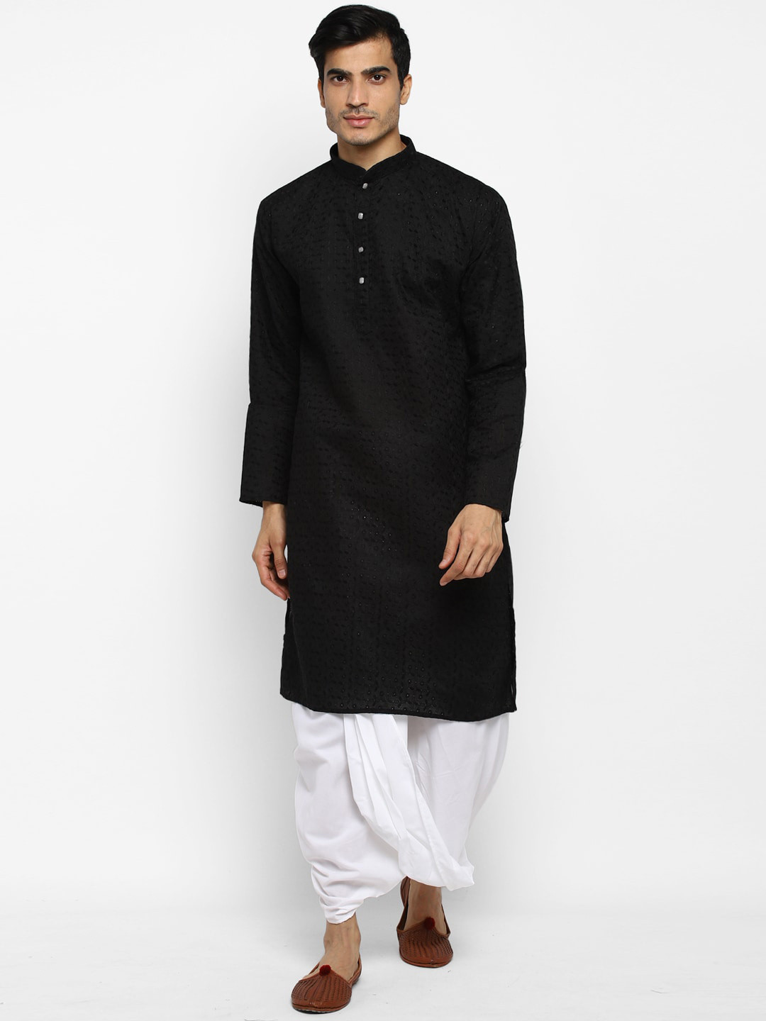 ROYAL KURTA Men White Floral Embroidered Pure Cotton Kurta with Dhoti Pants