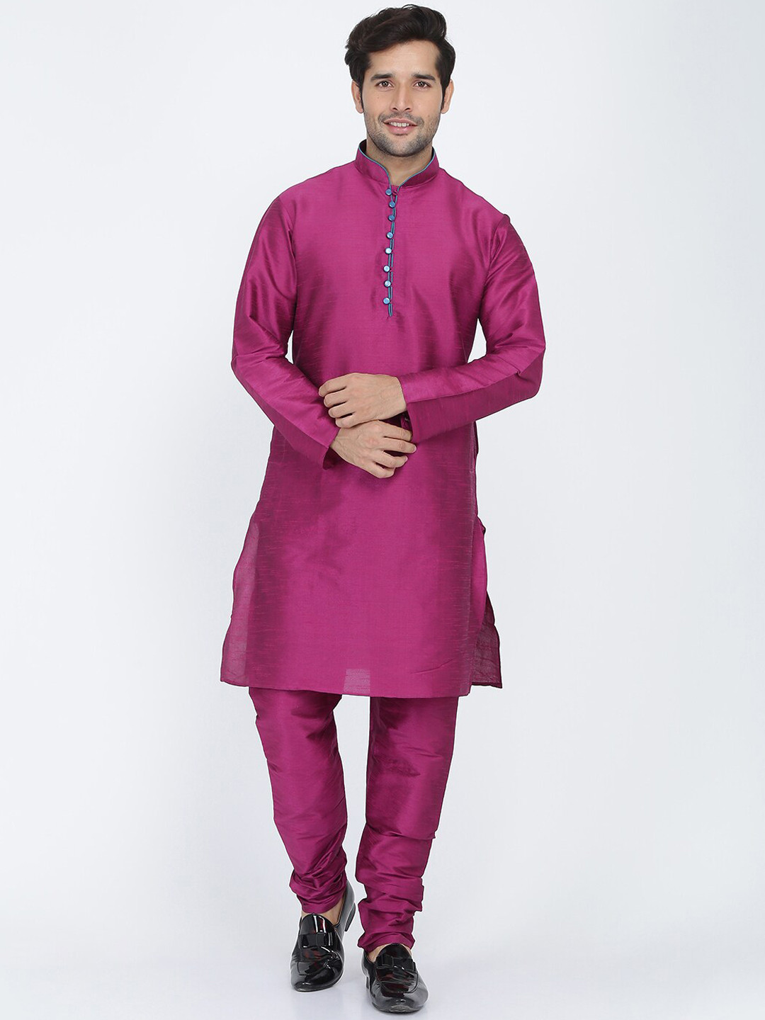 ROYAL KURTA Men Purple Layered Dupion Silk Kurta with Churidar
