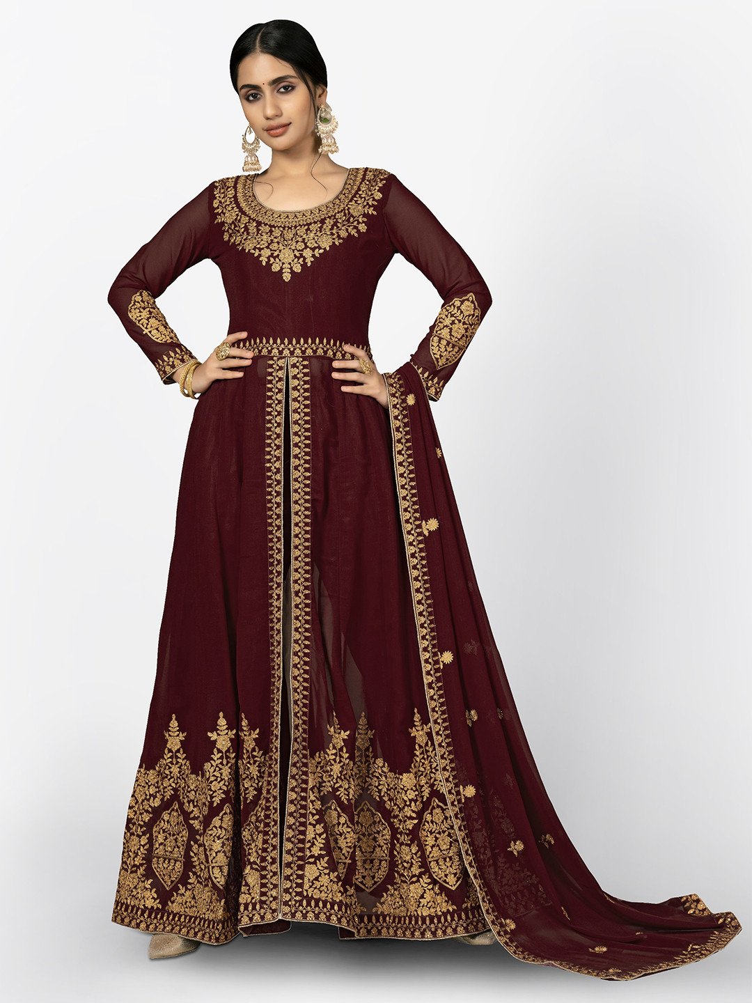 Divine International Trading Co Maroon & Gold-Toned Embroidered Unstitched Dress Material
