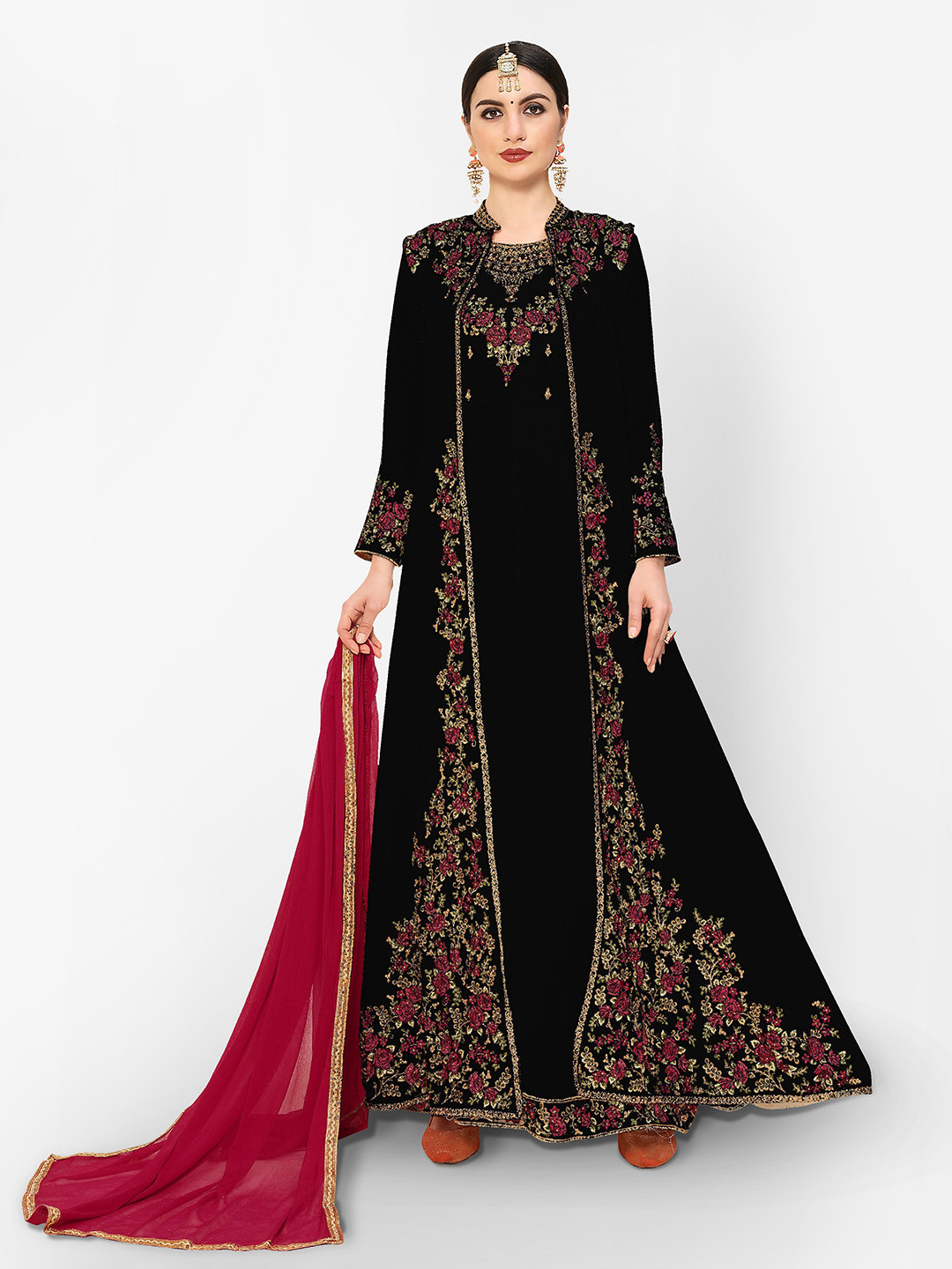 Divine International Trading Co Black & Red Embroidered Unstitched Dress Material