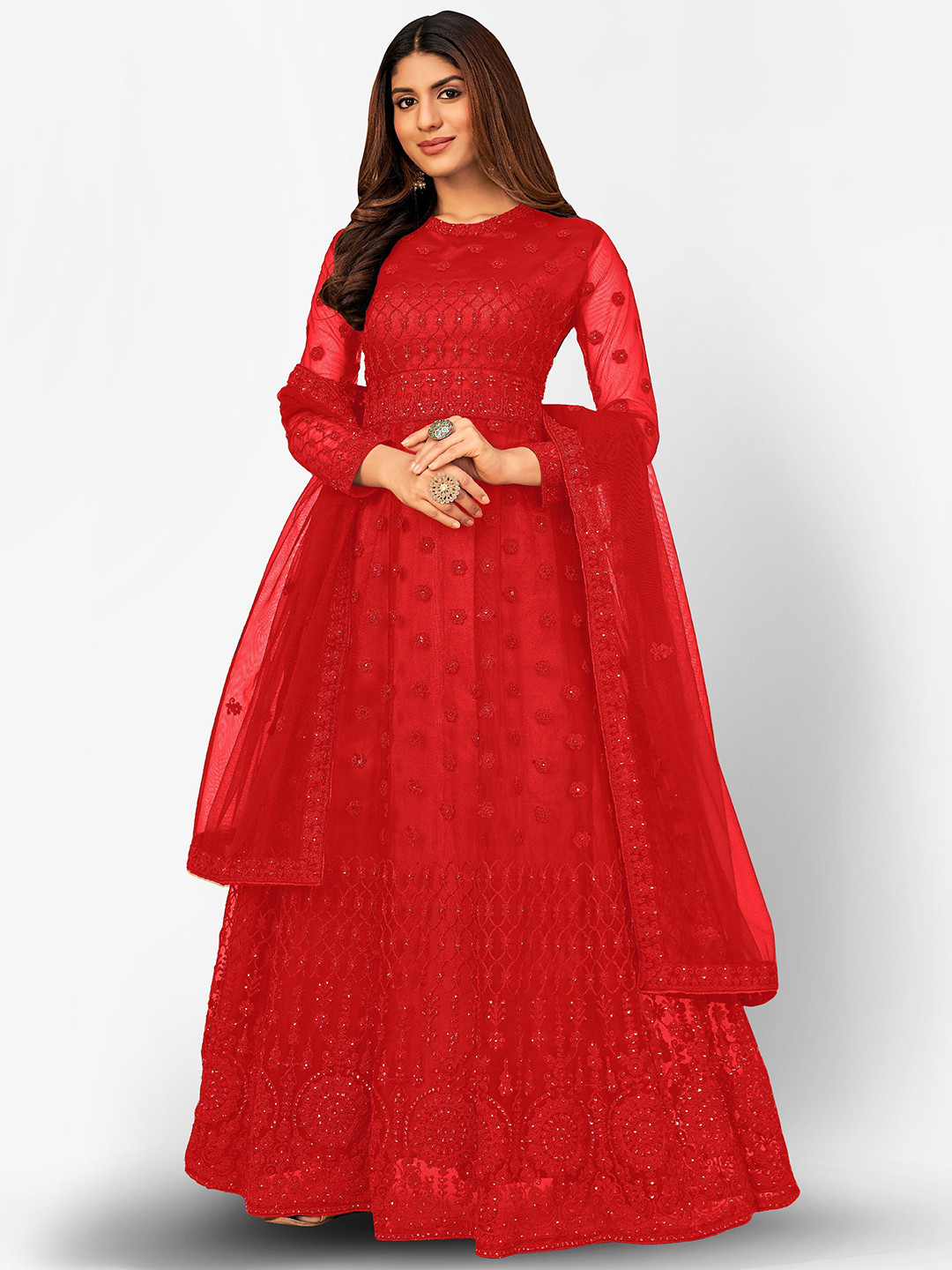 Divine International Trading Co Red & Orange Embroidered Unstitched Dress Material
