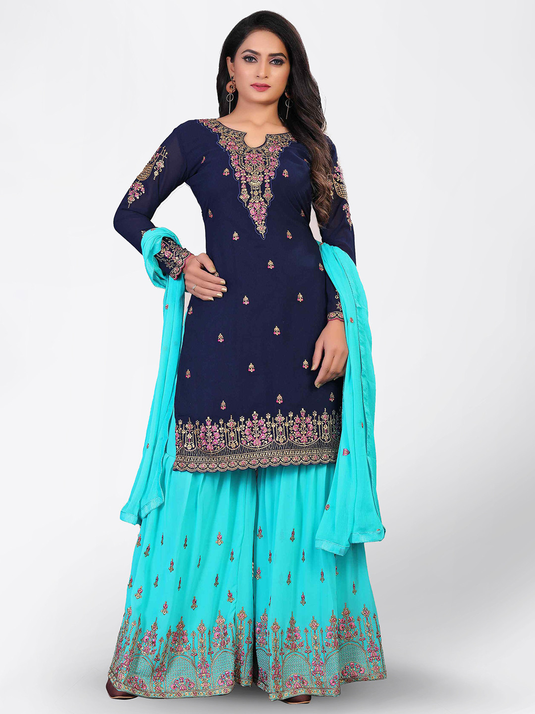 Divine International Trading Co Blue & Pink Embroidered Unstitched Dress Material