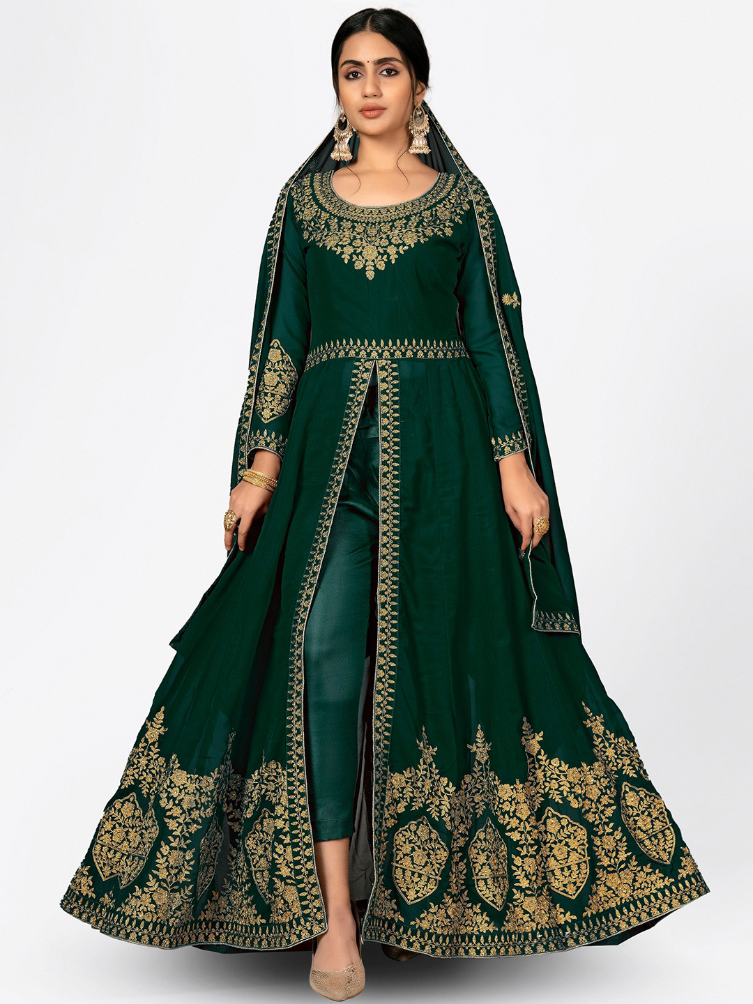 Divine International Trading Co Green & Gold-Toned Embroidered Unstitched Dress Material