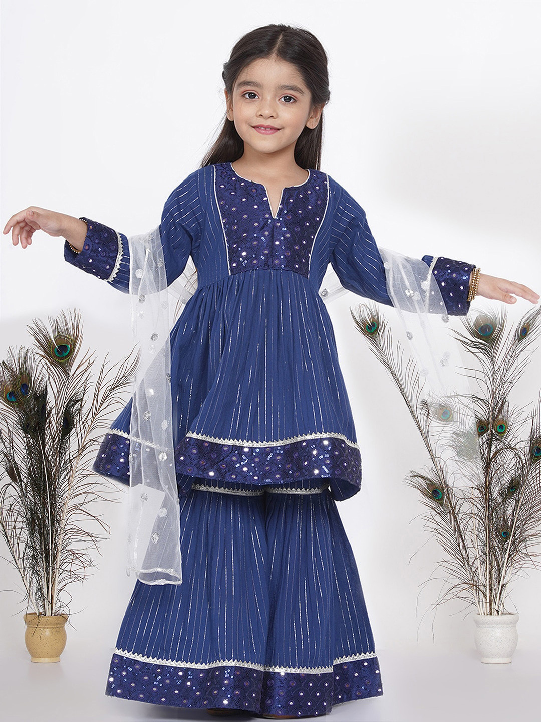 Little Bansi Girls Blue Mirror Work Yoke Design Pleated Kurta With Sharara & Dupatta