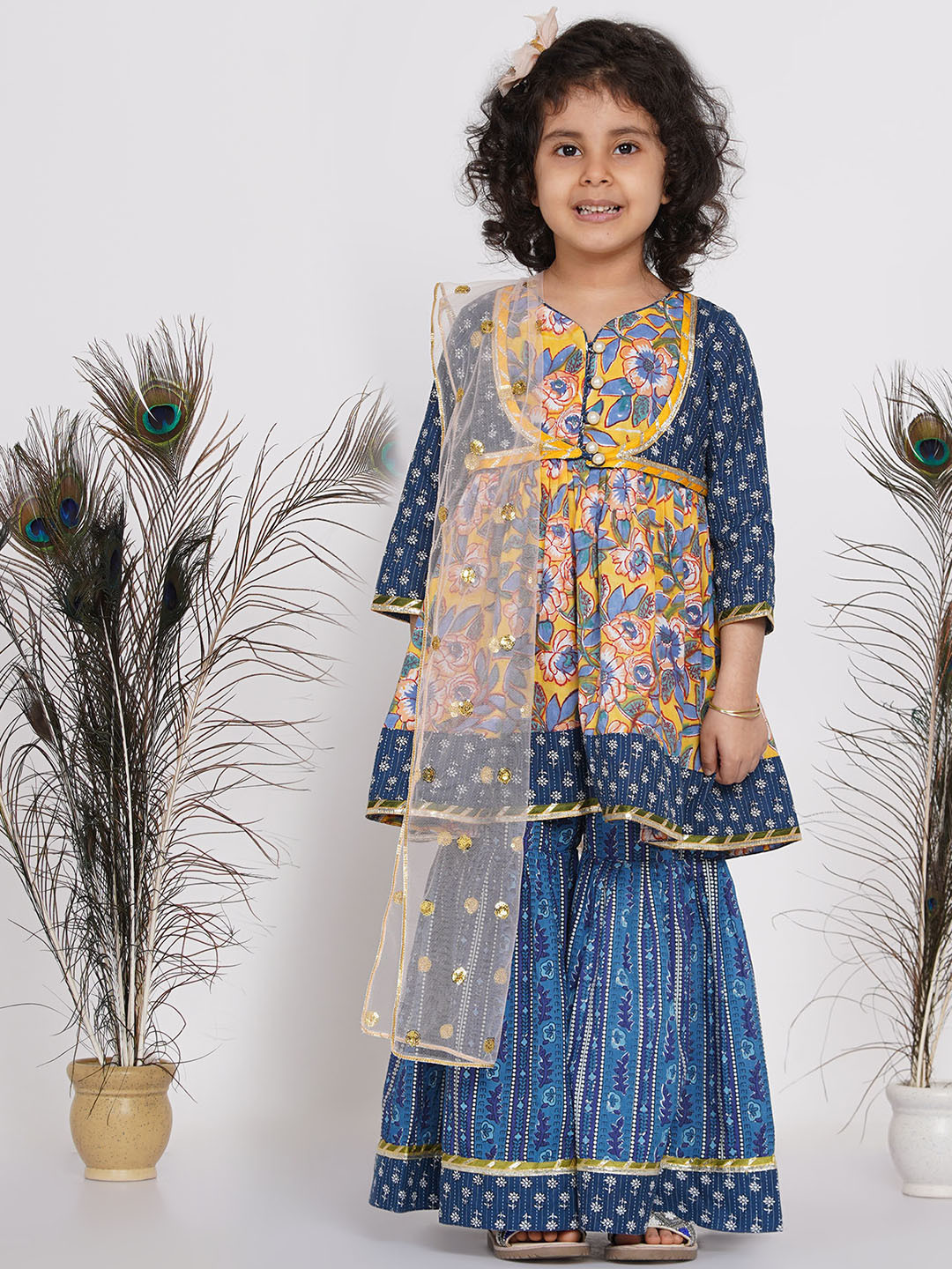 Little Bansi Girls Navy Blue Floral Printed Pure Cotton Kurta with Sharara & With Dupatta