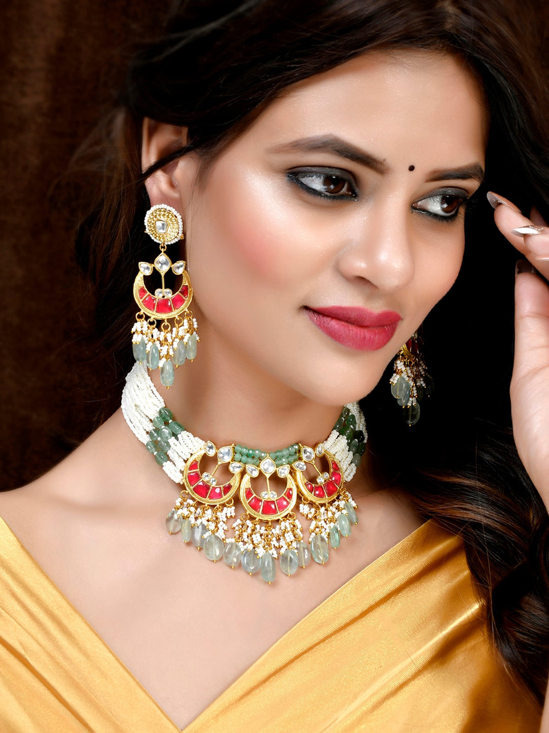 DASTOOR 24 K Gold-Plated White & Grey Kundan-Studded & Pearl Beaded Jewellery Set