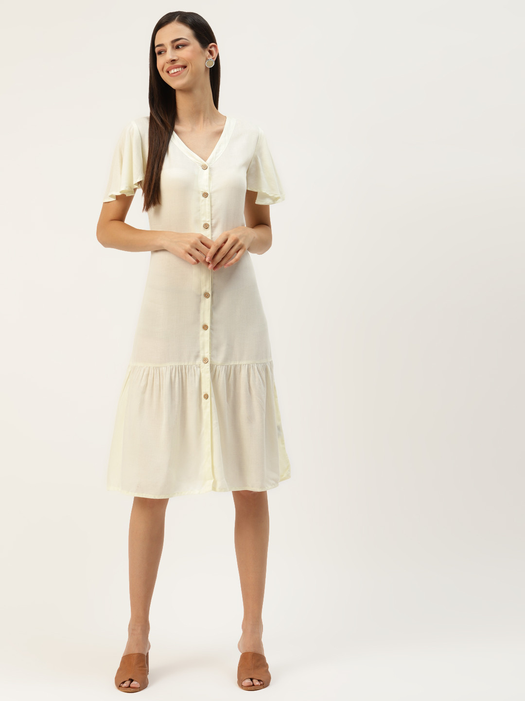 BRINNS Cream-Coloured Solid A-Line Midi Dress