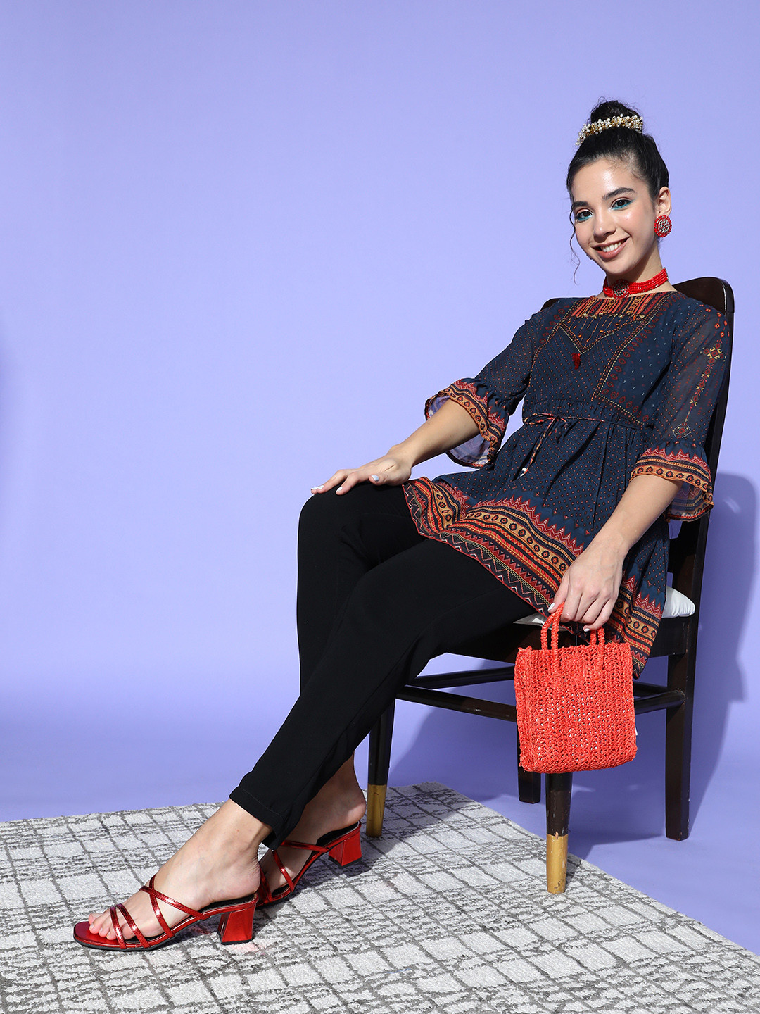 Juniper Women Classy Blue Polyester Fluid Tie-Up Tunic