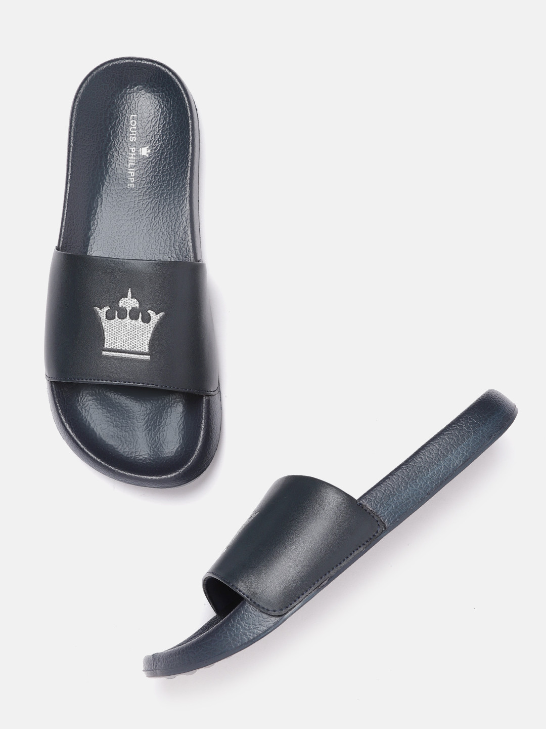 Louis Philippe Men Navy Blue & Silver-Toned Brand Logo Embroidered Sliders