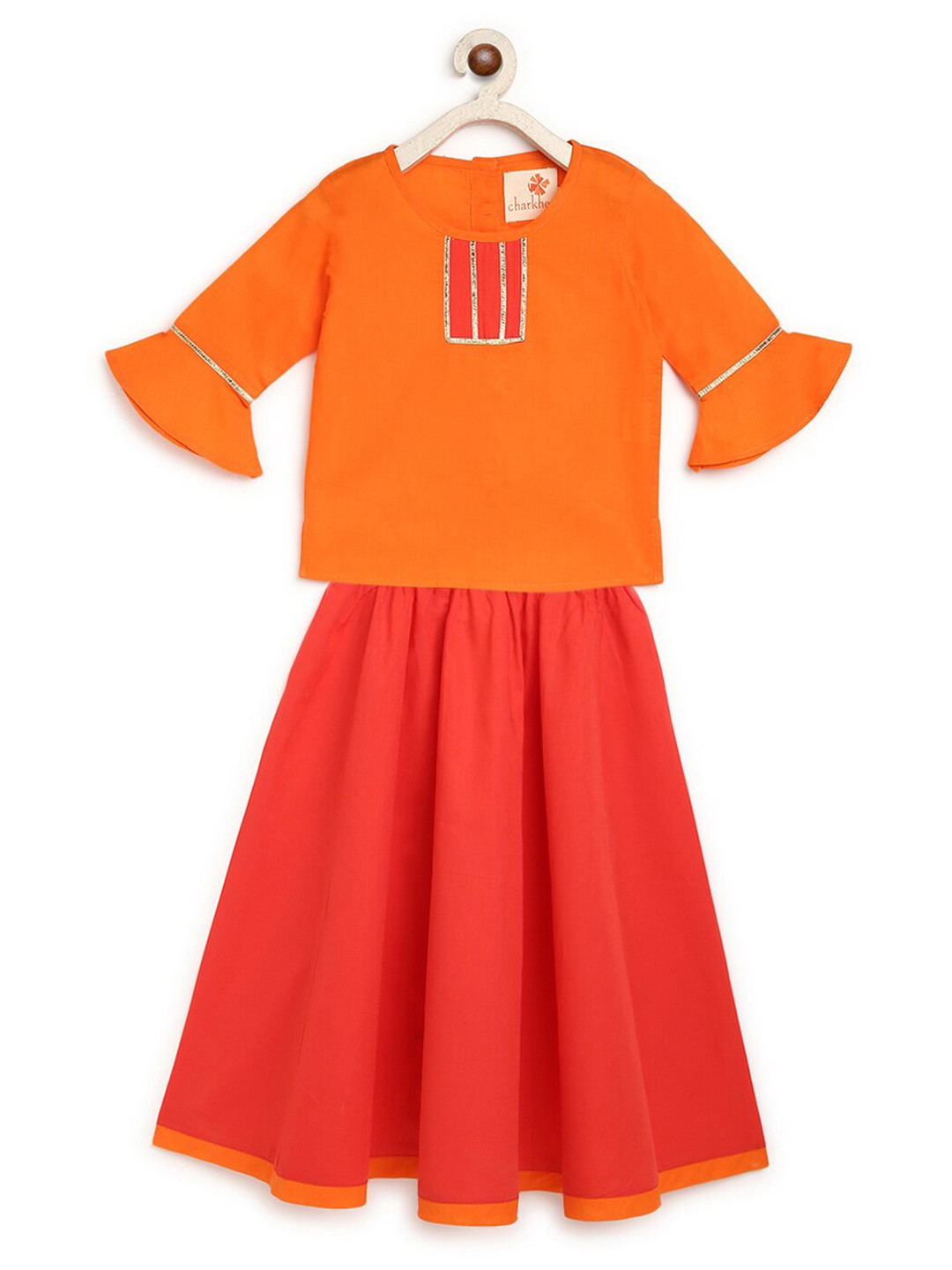 charkhee Girls Orange & Red Ready to Wear Lehenga &