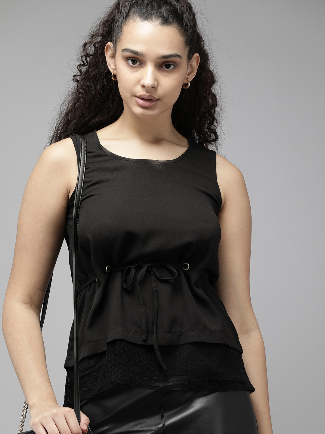 Roadster Black Solid Tie-Up Net Top