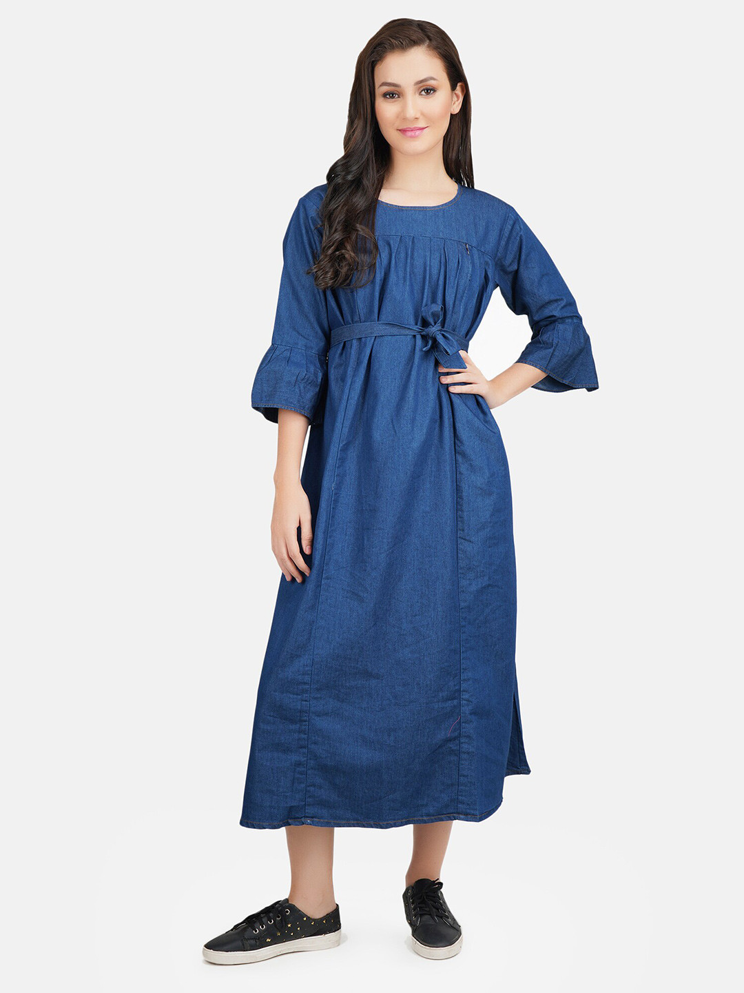 KOI SLEEPWEAR Woman Blue Denim Maternity A-Line Midi Dress With Feeding Zip