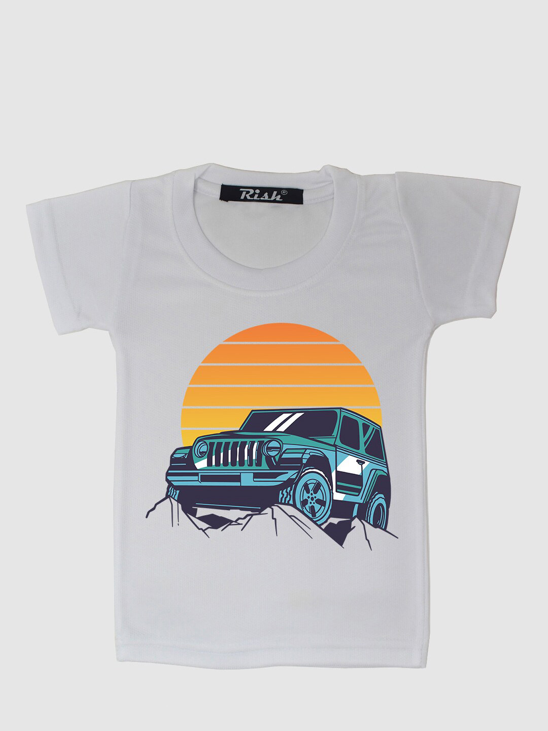 RISH Kids White Sun Set Car Printed T-shirt