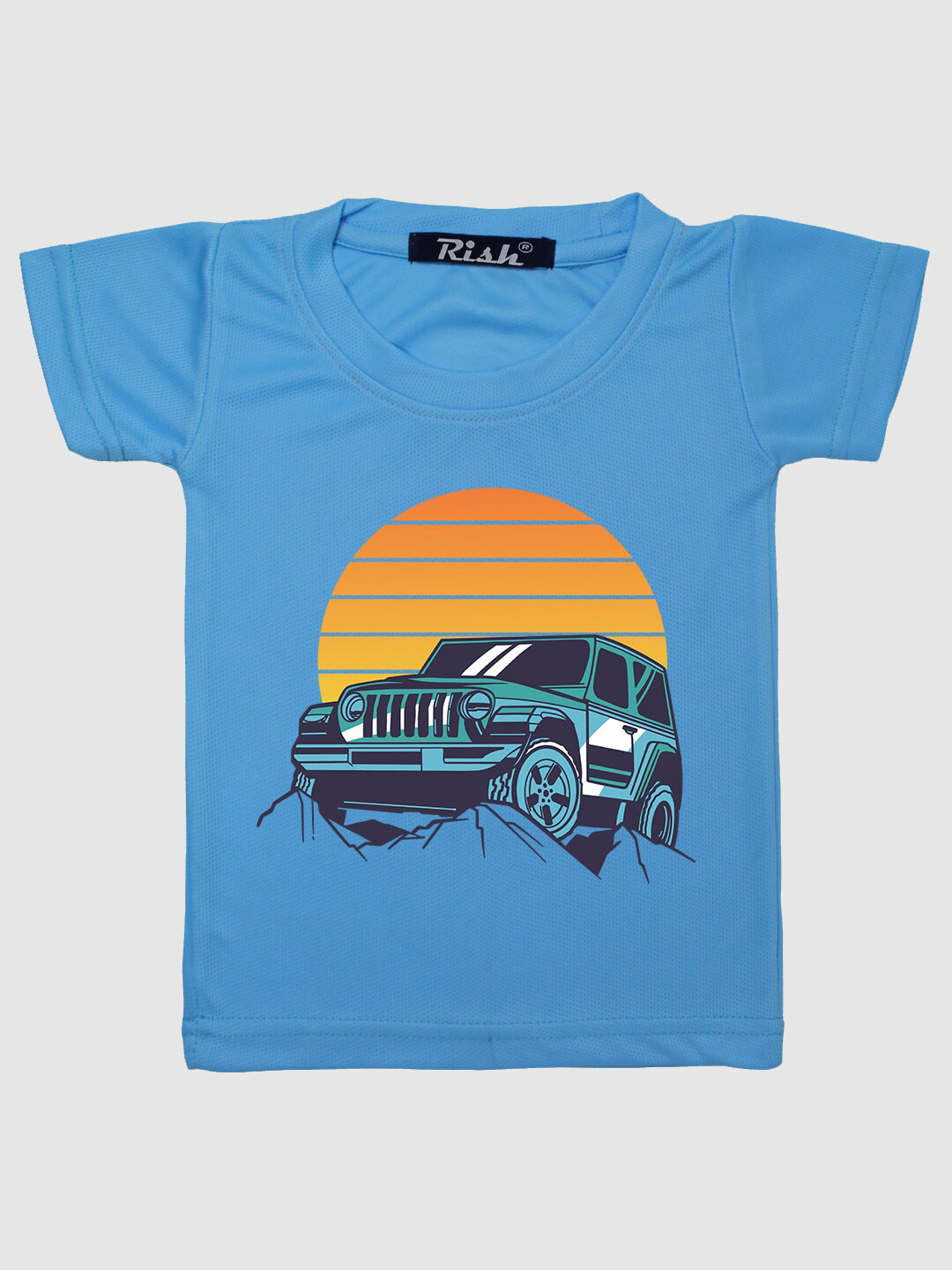 RISH Kids Blue Sun Set Car Printed Oversized T-shirt