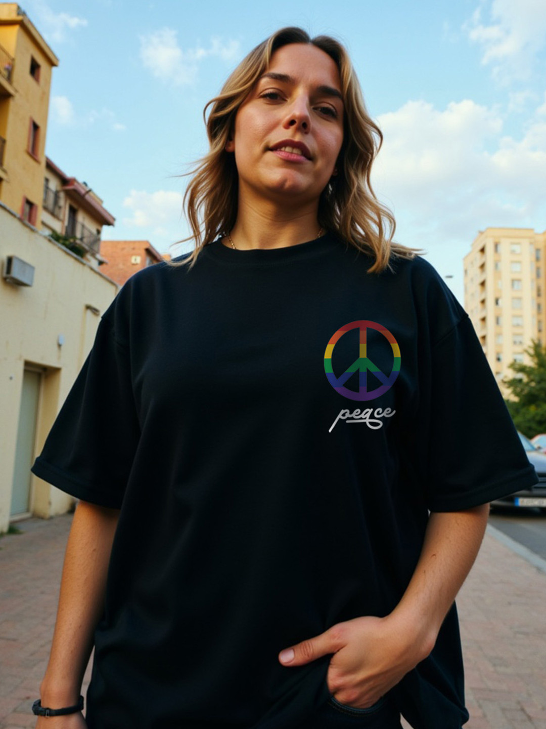 Mad Over Print Women Black Peace Pride Oversize Women T-shirt