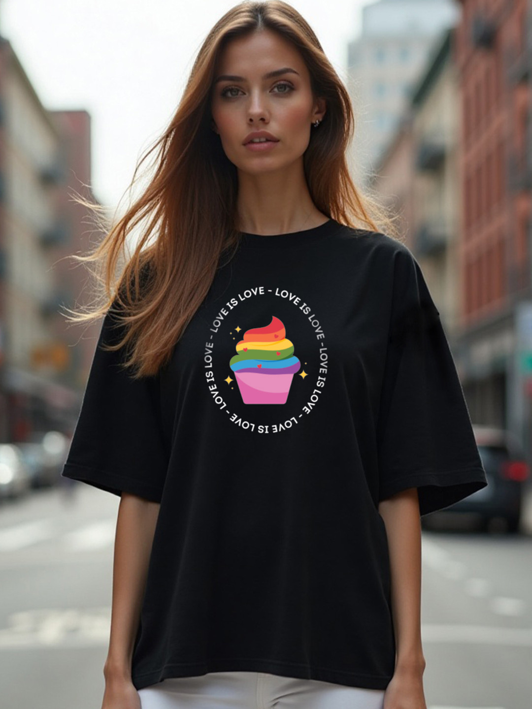 Mad Over Print Women Black Love Is Love Typography Print Oversized T-shirt