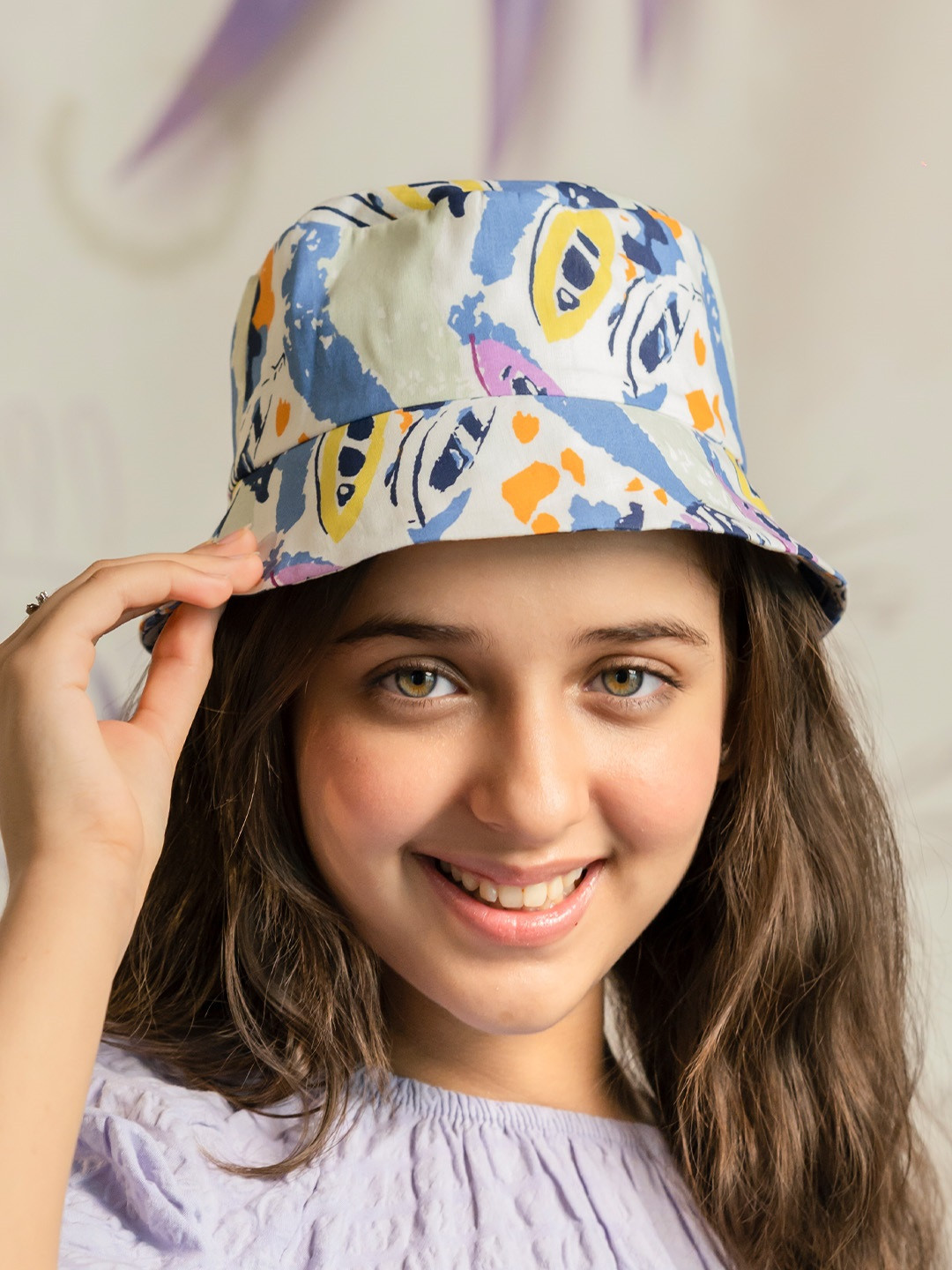 Hair Drama Co. Girls Abstract Print Blue & White Cotton Bucket Hat