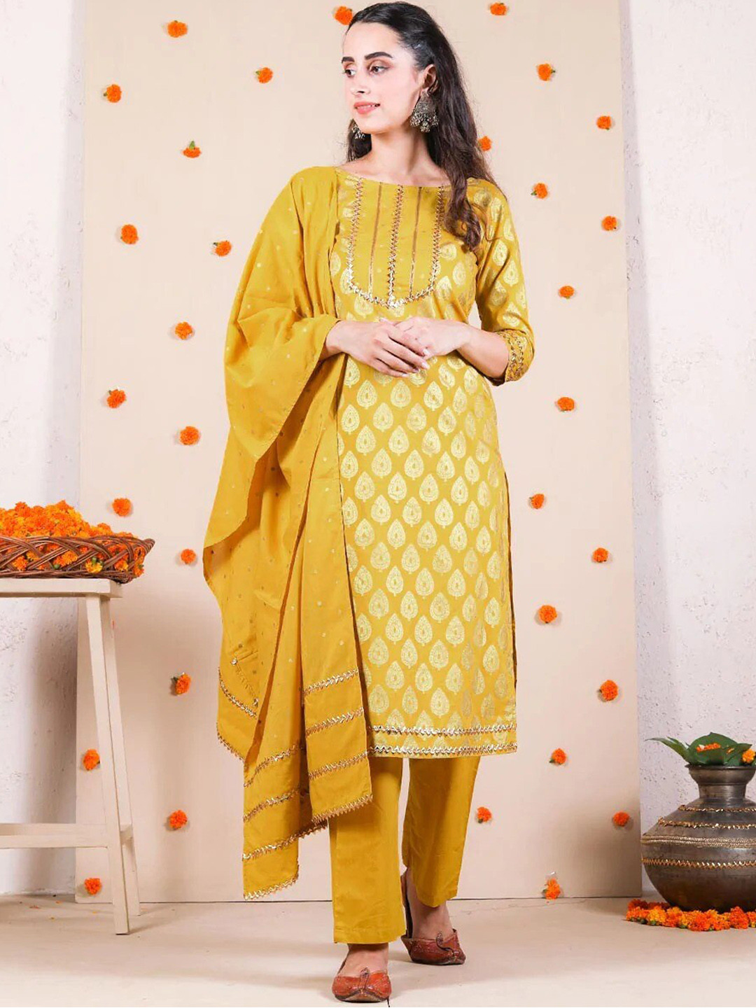 Rustorange Women Yellow Ethnic Motifs Printed Gotta Patti Kurta with Trousers & Dupatta