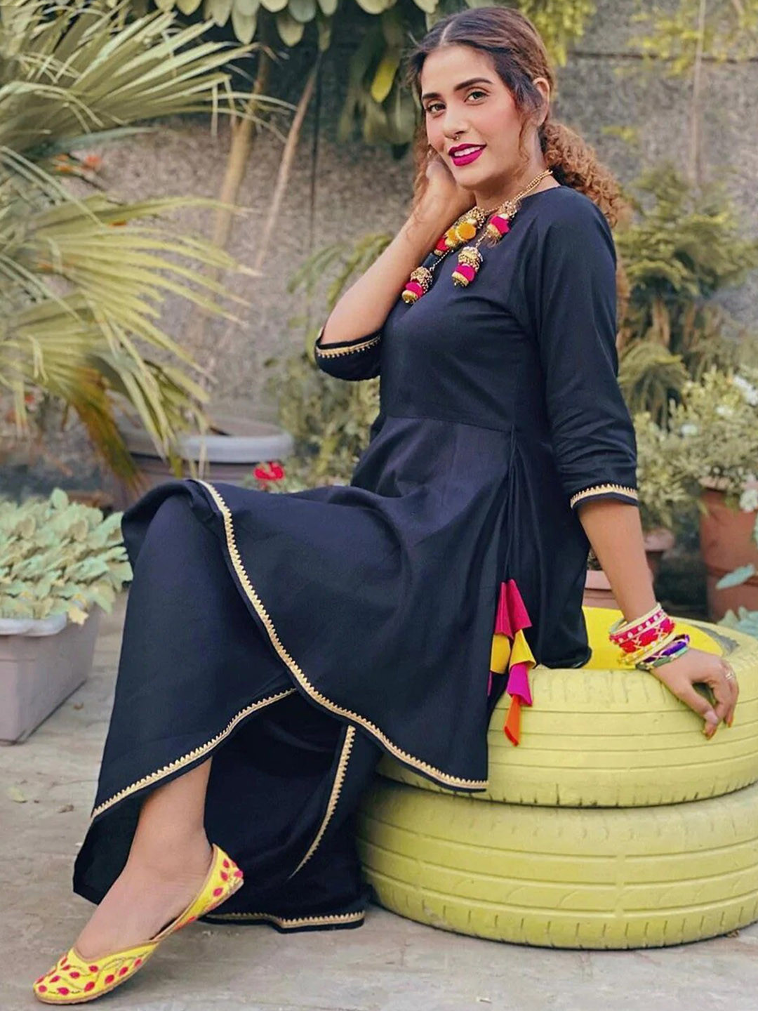 Rustorange Women Black Floral Embroidered Fusion Kurta with Dhoti Pants