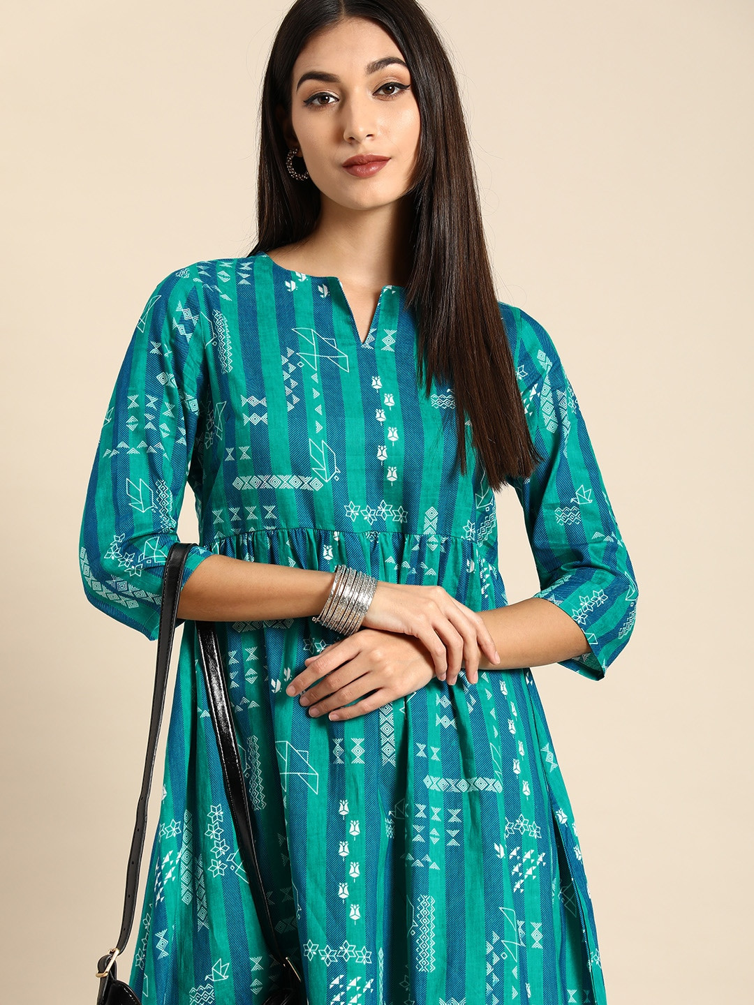 Anouk Women Blue & White Geometric Printed  Cotton Fit And Flare Midi Dress