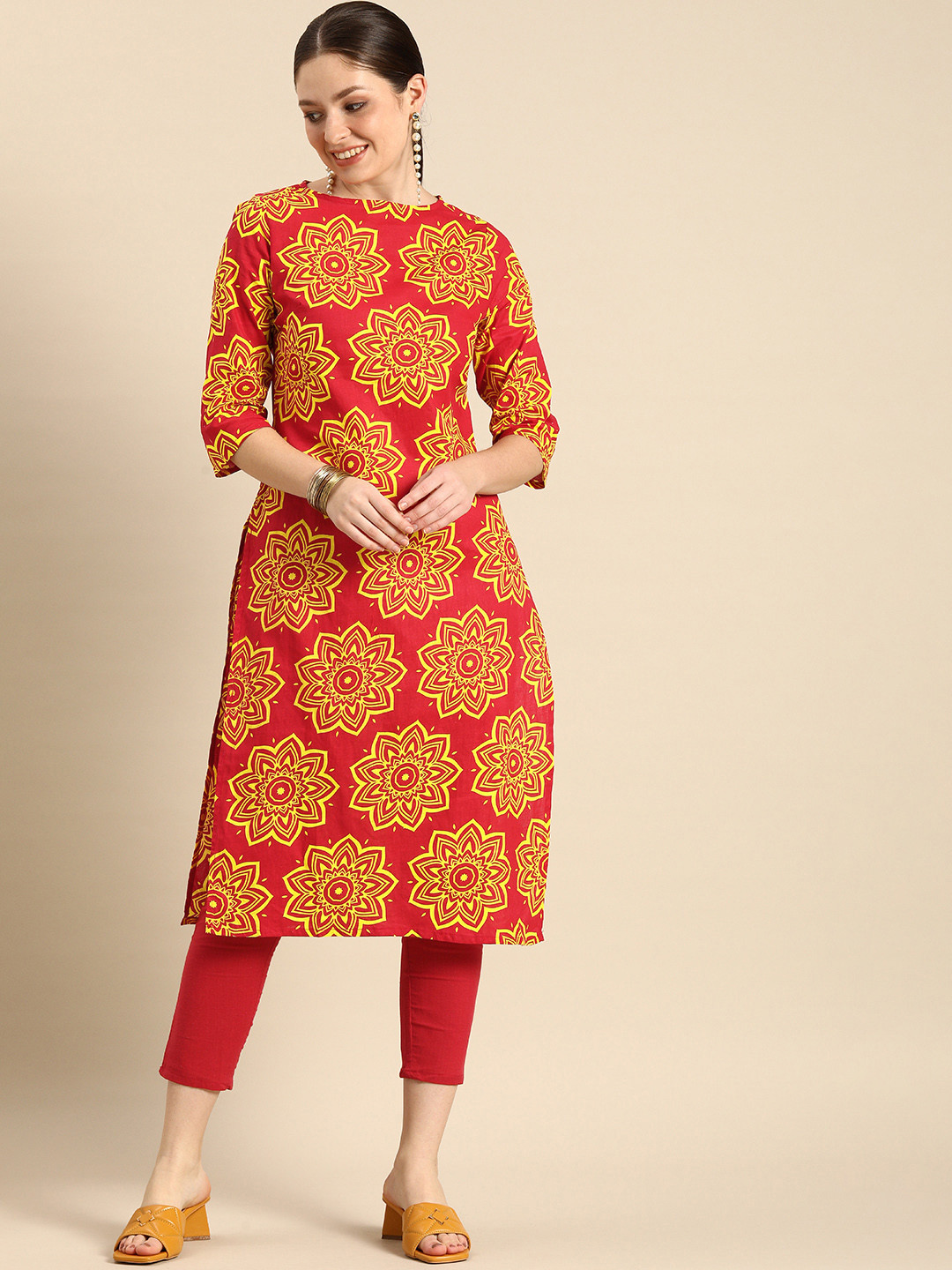 Anouk Women Red And Yellow Ethnic Motifs Printed Pure Cotton Kurta with Cropped Trousers