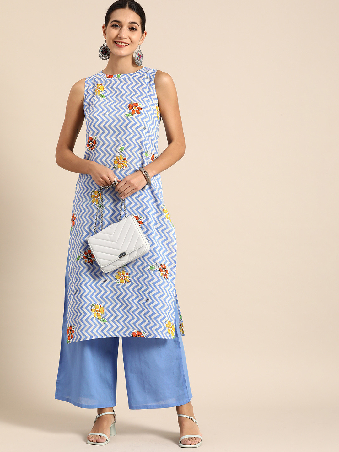 Anouk Women Blue & White Chevron & Floral Print  Cotton Kurta with Palazzos