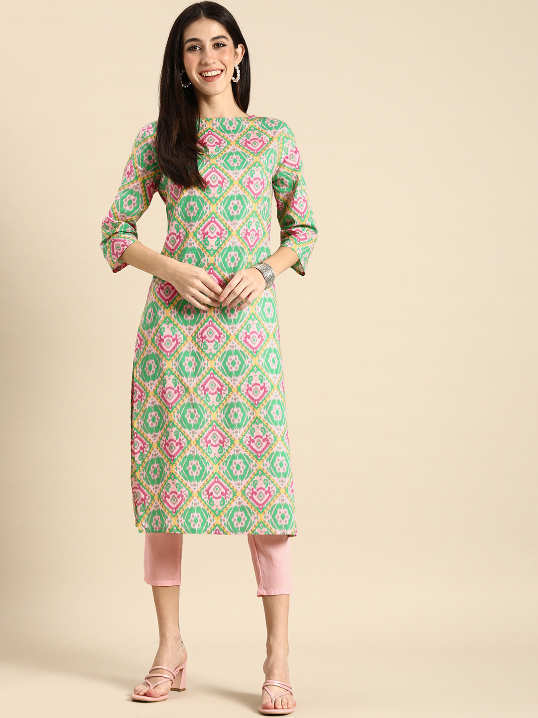 Anouk Women Pink And Green Ethnic Motifs Printed  Cotton Kurta with Cropped Trousers