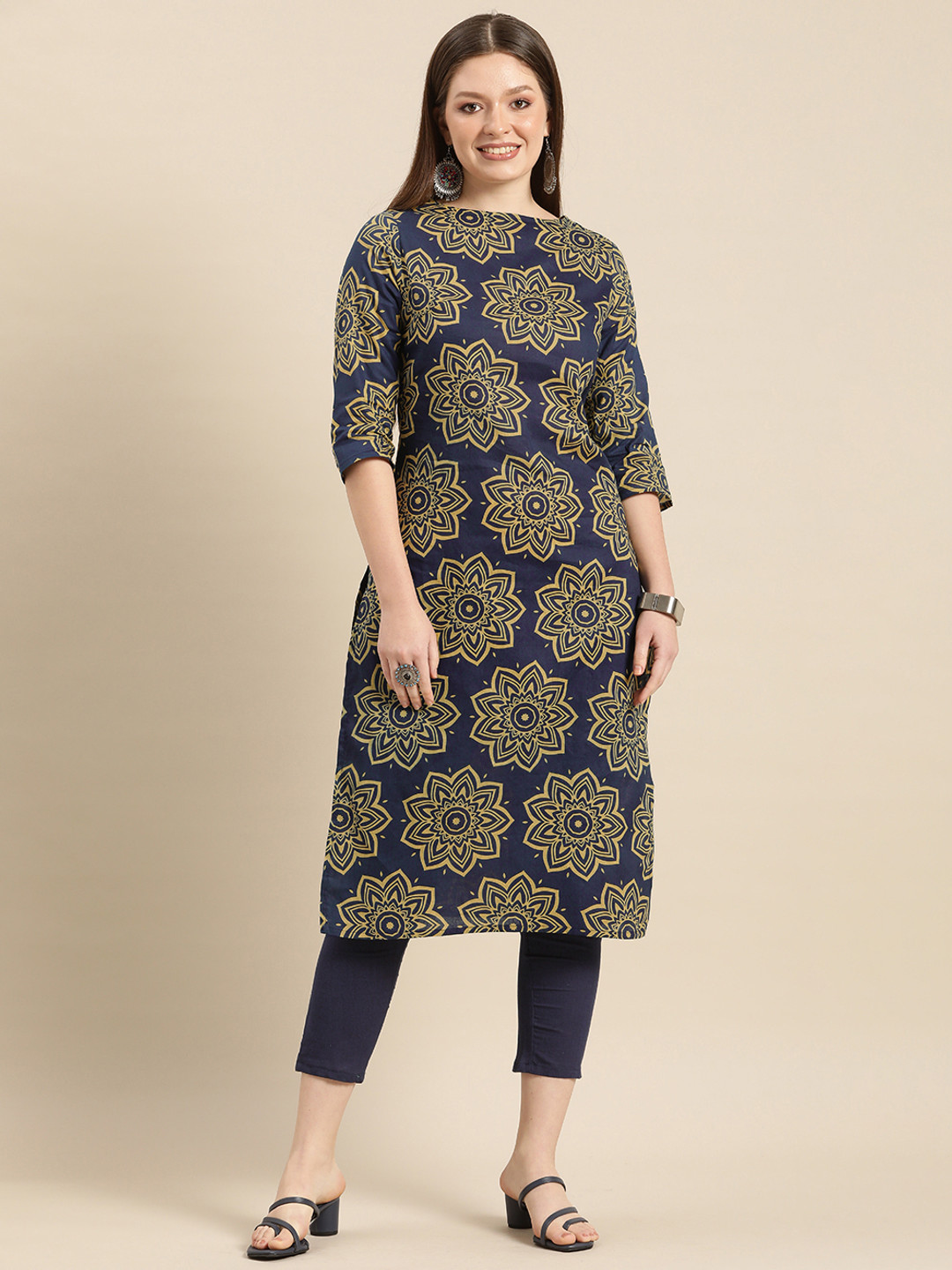 Anouk Women Navy Blue And Mustard Floral Printed Pure Cotton Kurta with Trousers