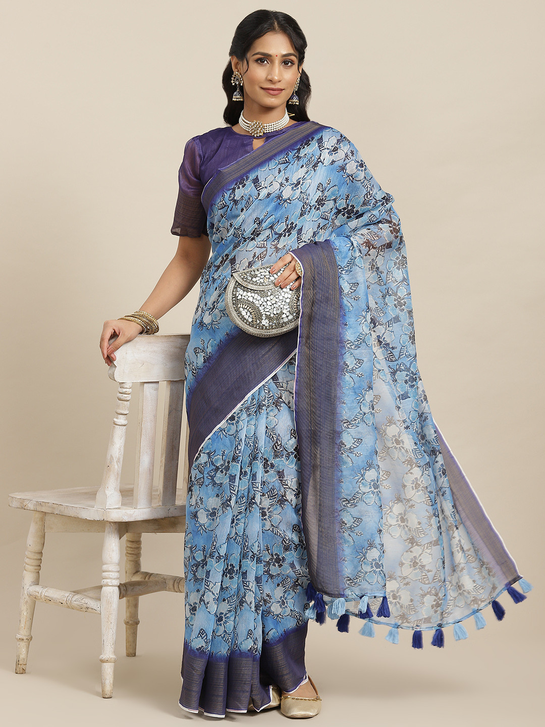 Mitera Blue & White Floral Linen Blend Block Print Saree