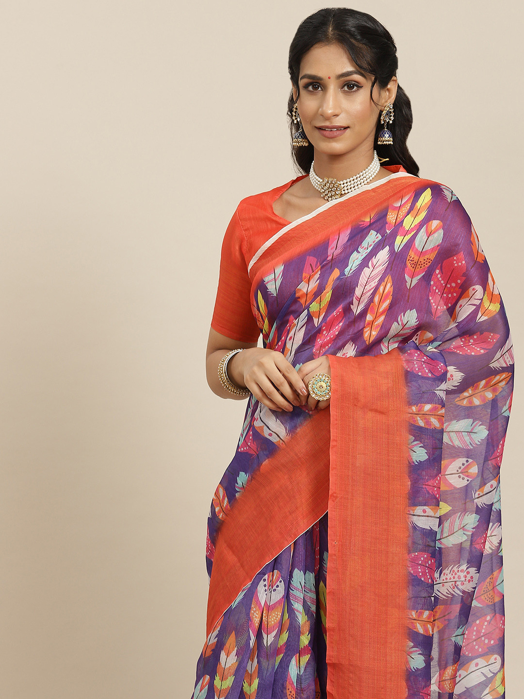 Mitera Violet & Orange Floral Linen Blend Block Print Saree