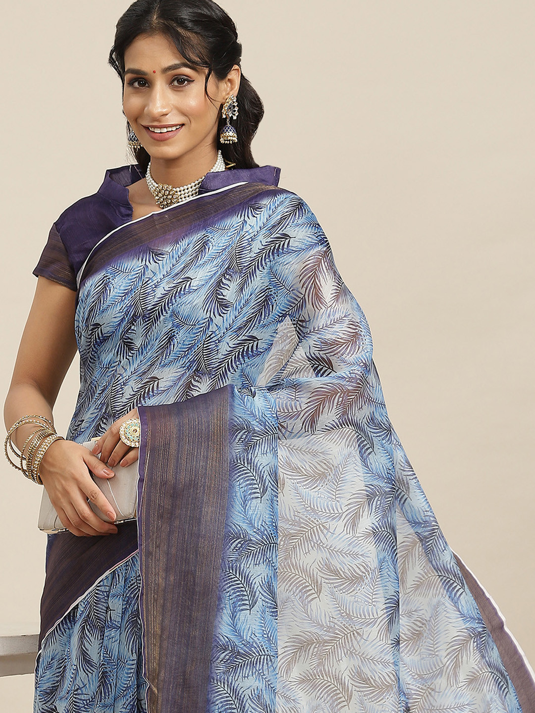 Mitera Blue & White Floral Linen Blend Block Print Saree