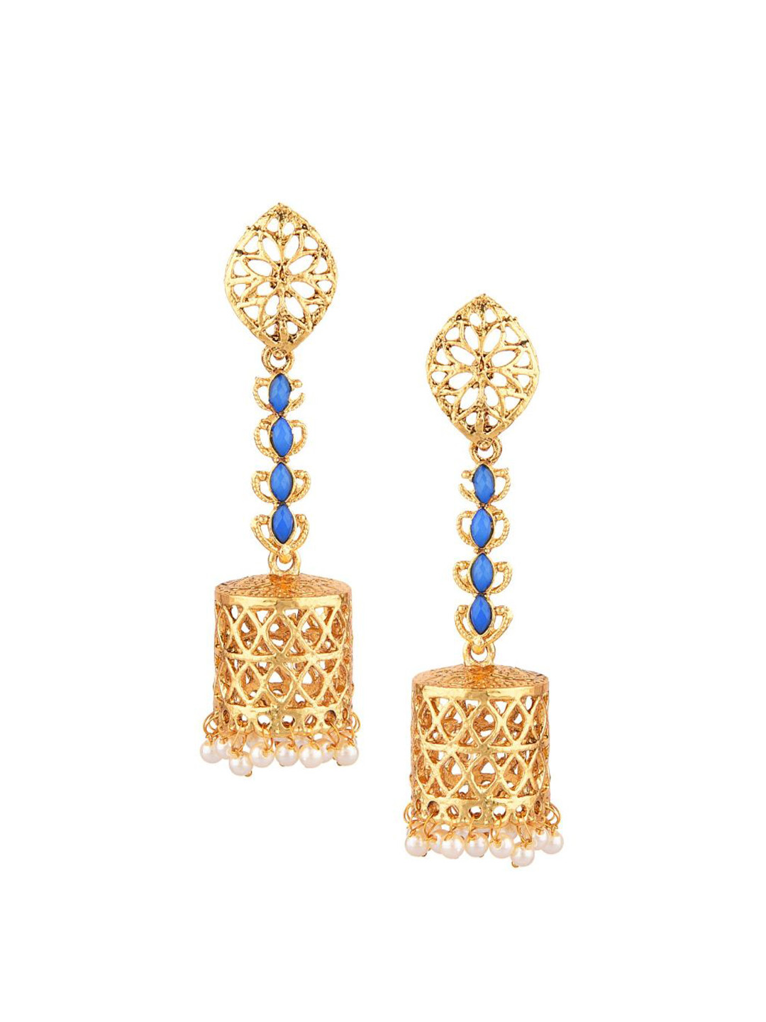 Efulgenz Navy Blue & Gold-Plated Classic Jhumka Earrings