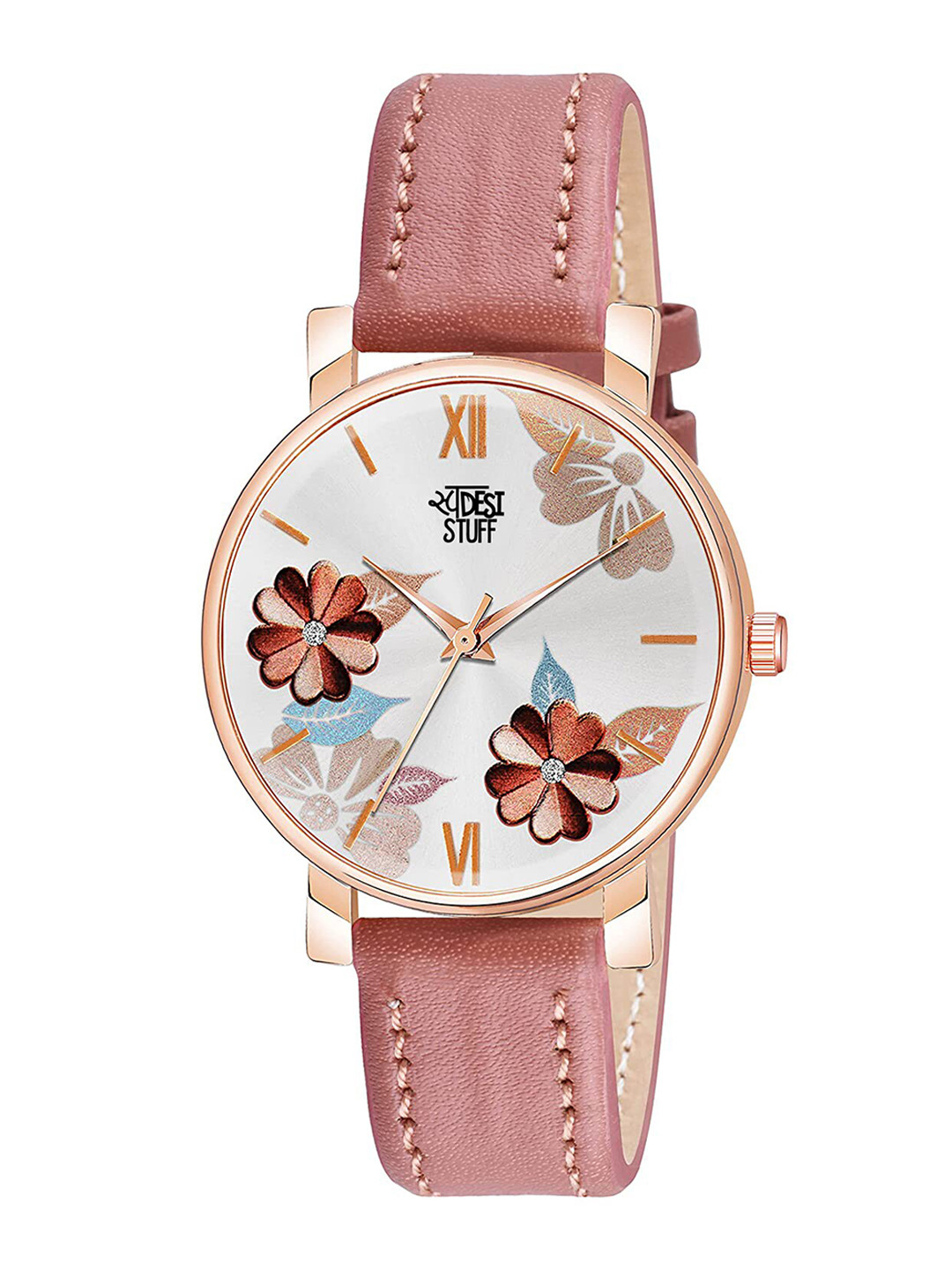 SWADESI STUFF Women Pink Printed Dial & Pink Leather Straps Analogue Watch FLOWER PINK