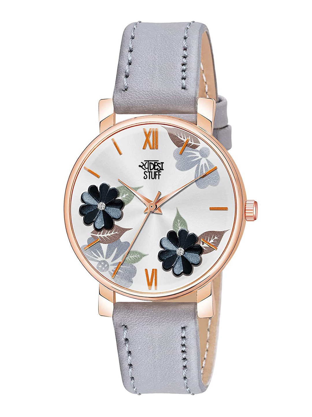 SWADESI STUFF Women Grey Printed Dial & Grey Leather Straps Analogue Watch FLOWER GREY