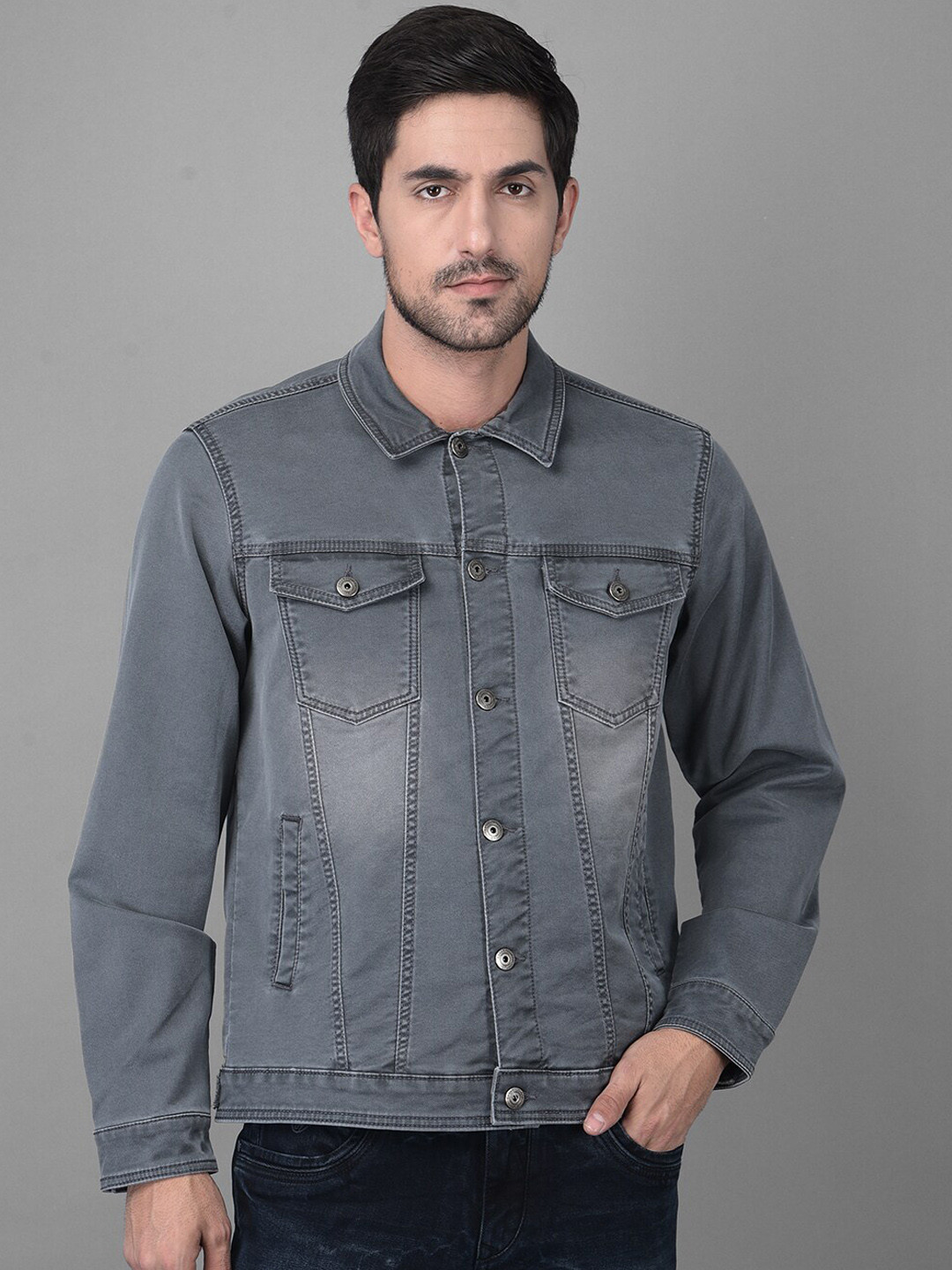 Canary London Grey Solid Slim Fit Washed Denim Jacket