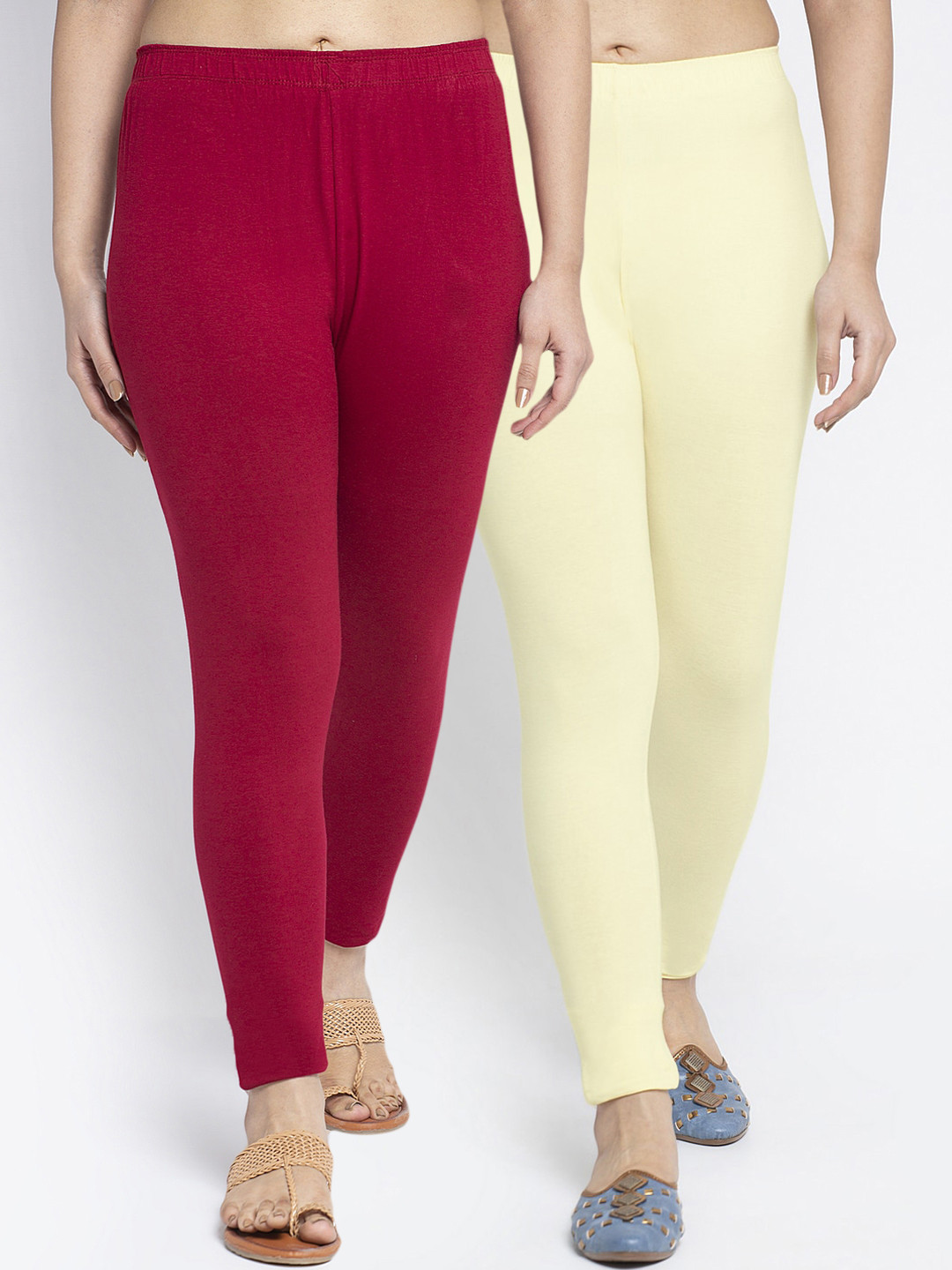 Jinfo Women Maroon & Cream  Cotton Lycra Legging Pack Of 2 Solid Ankle Length