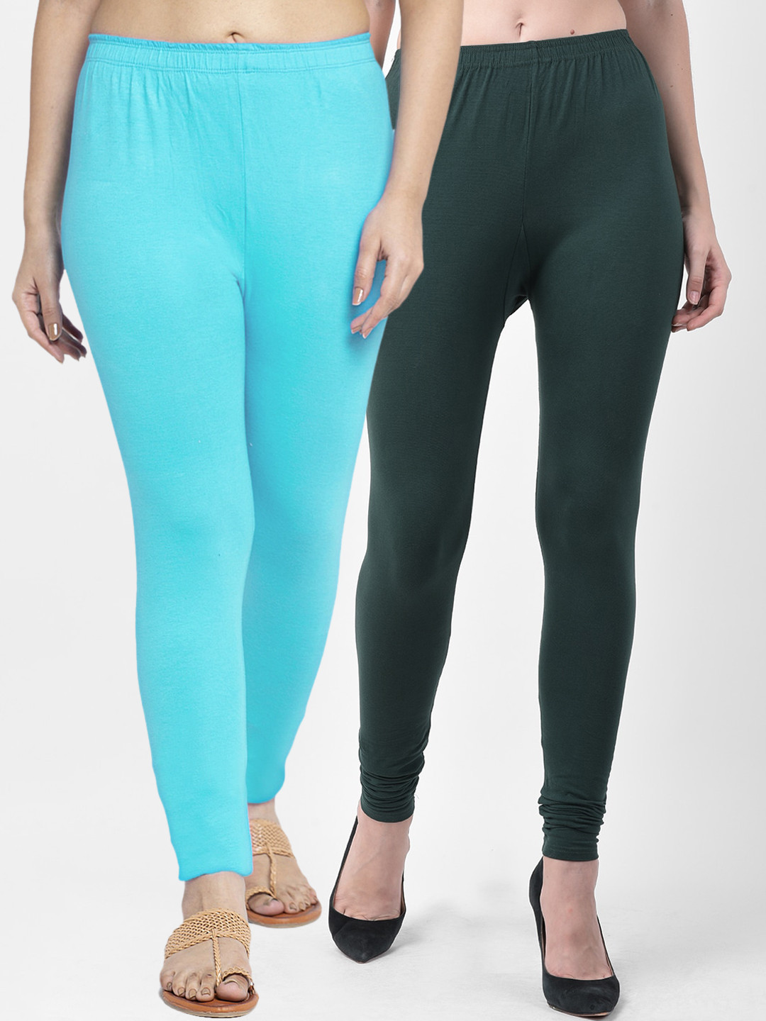 Jinfo Women Pack Of 2 Green Aqua Solid Ankle Length Combed Cotton Leggings