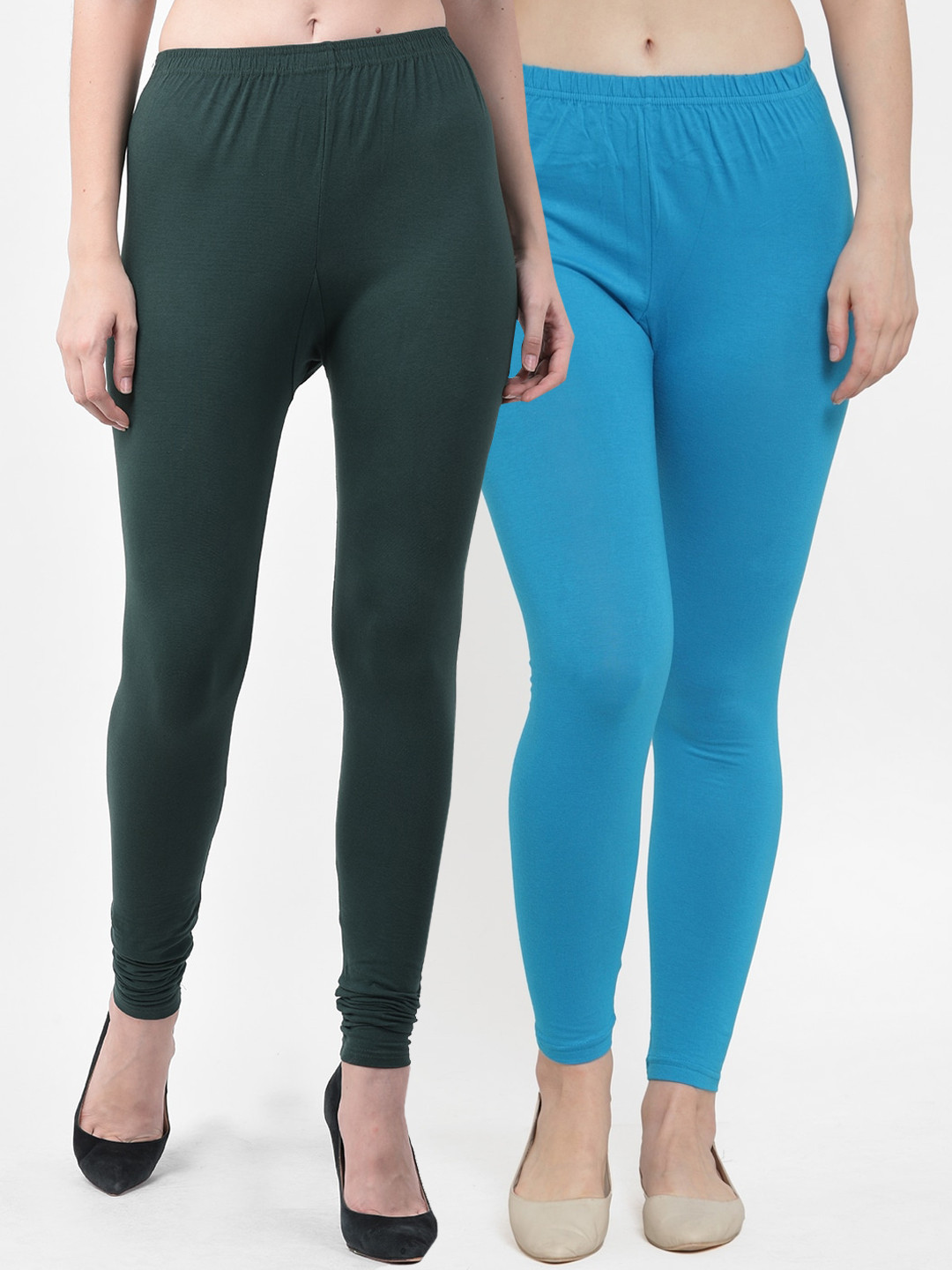 Jinfo Women Pack Of 2 Green & Turquoise Blue Solid Ankle Length Leggings
