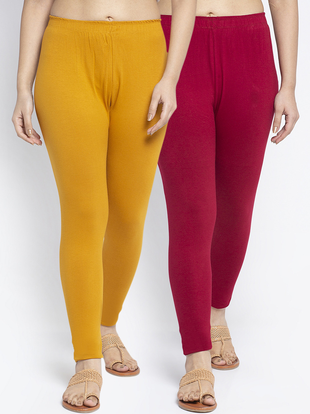 Jinfo Women Maroon & Mustard Pack Of 2 Solid Ankle-Length Leggings